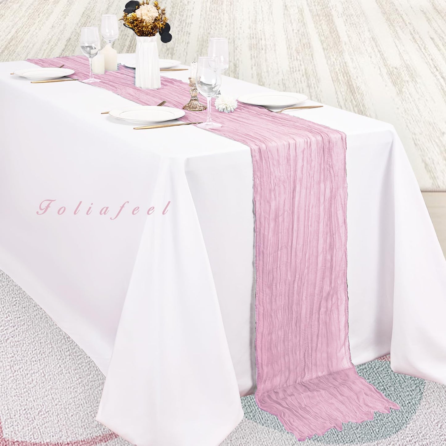 Light Pink Cheesecloth Table Runner 6 Pack 10FT Rustic Gauze Fabric Cheese Cloth Table Runner for Wedding 20 x 120 Inch Long Bridal Baby Shower Table Decorations Boho Sheer Birthday Party Table Decor