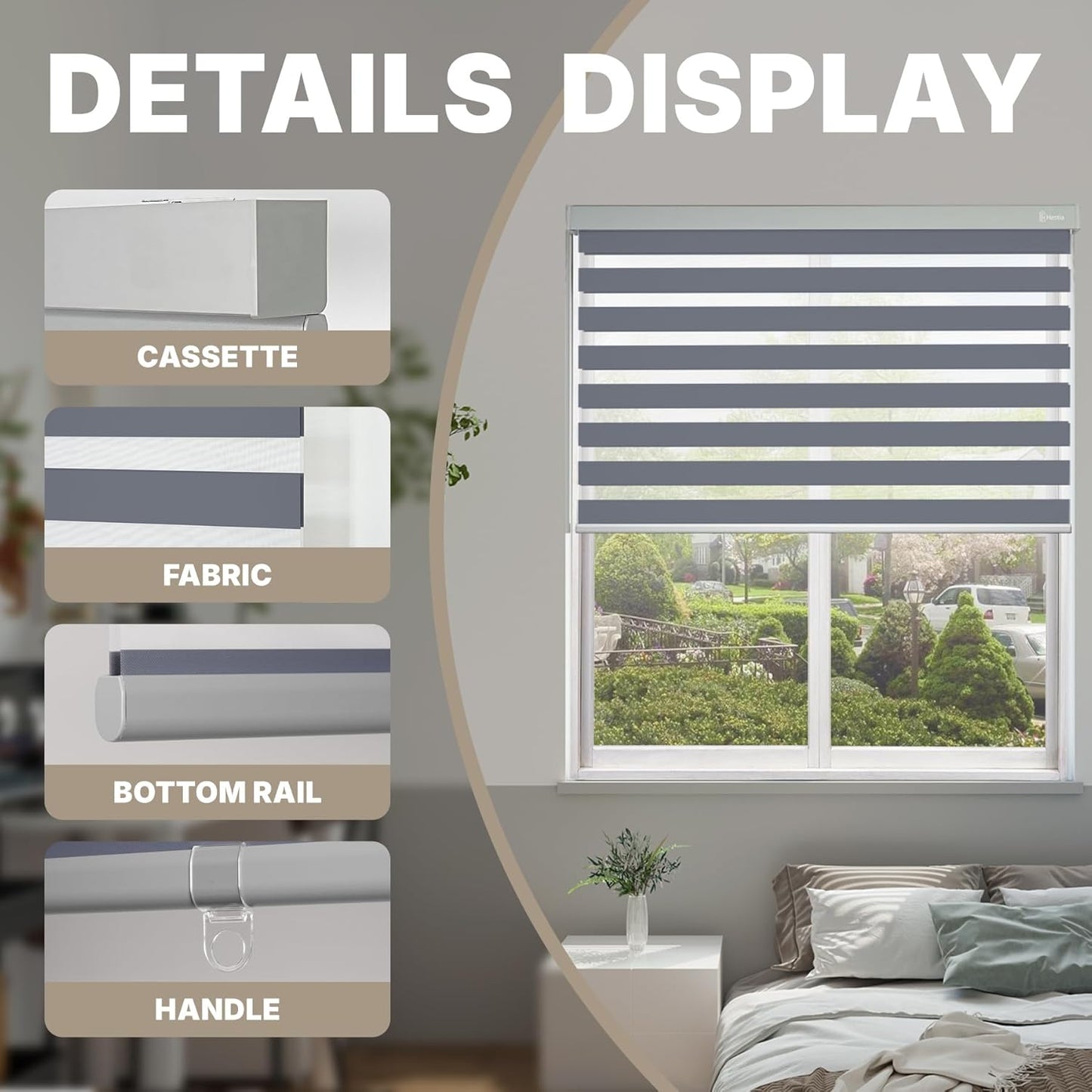 HESTIA Cordless Zebra Blinds Light Filtering Roller Shades UV Blocking Blackout Privacy Indoor Window Blind for Home Office Day and Night, Blue Grey,32" W x 60" H