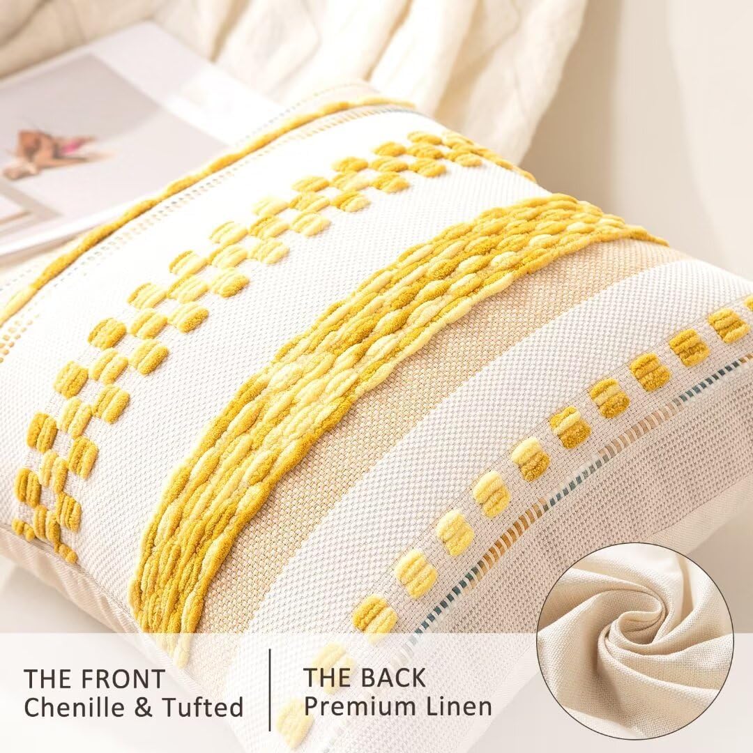 Boho Throw Pillow Covers 18x18 Set of 2 Farmhouse Decorative Cushion Case Striped Square Pillows Cover Chenille Pillow Cases Accent Neutral Pillowcase for Sofa Couch Bed,Yellow