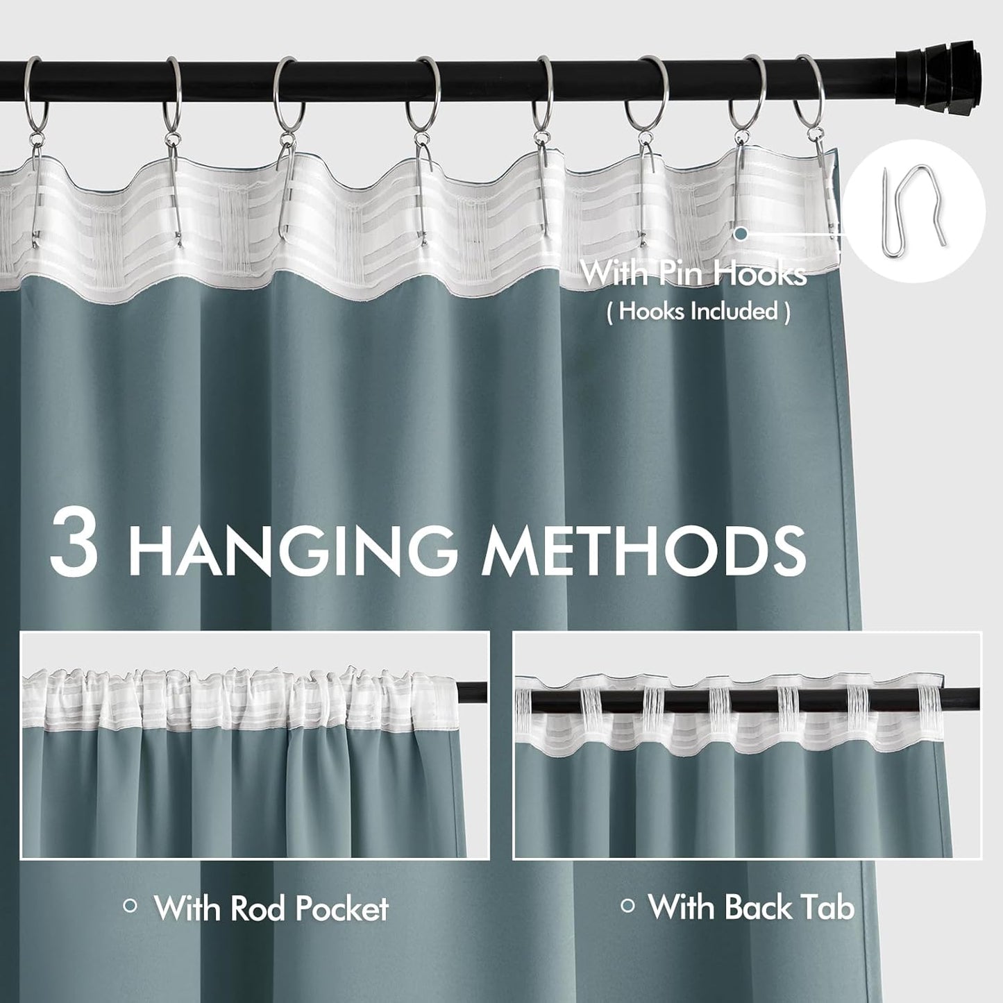 MIULEE Greyish Blue Back Tab Blackout Curtains 72 Inches Long 2 Panels Set for Living Room Bedroom Privacy, Rod Pocket/Pinch Pleat Thermal Insulated Room Darkening Pleated Light Blocking Drapes