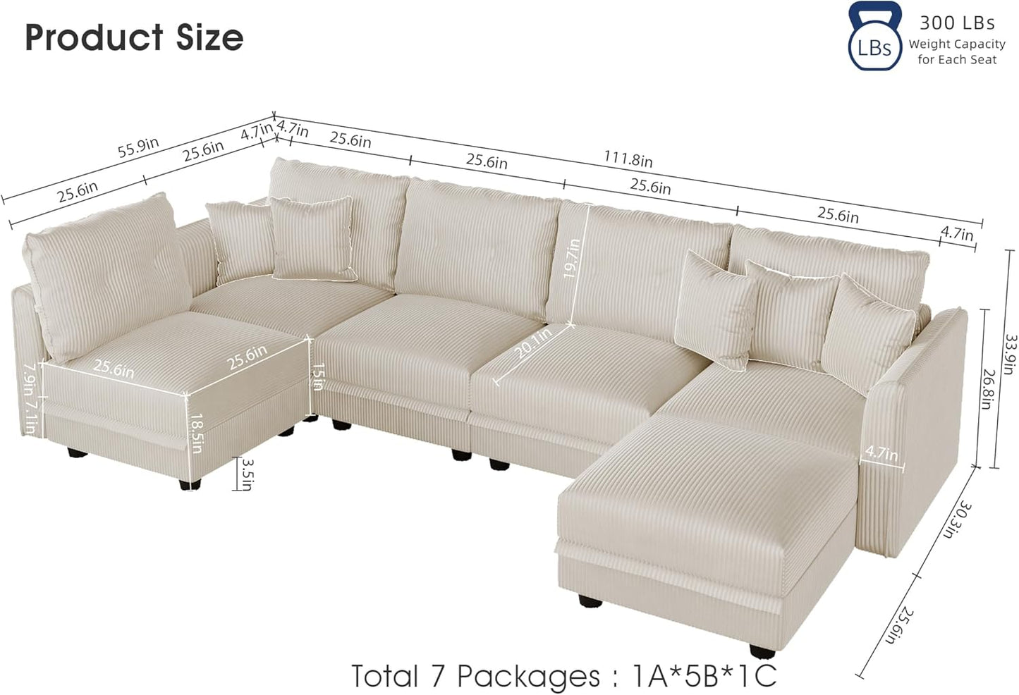 LLappuil Modular Sectional Sofa with Storage Seats, Corduroy U Shaped Convertible Couch for Living Room, 6 Seats Comfy Sofa with 5 Back Cushion 5 Throw Pillow, Beige