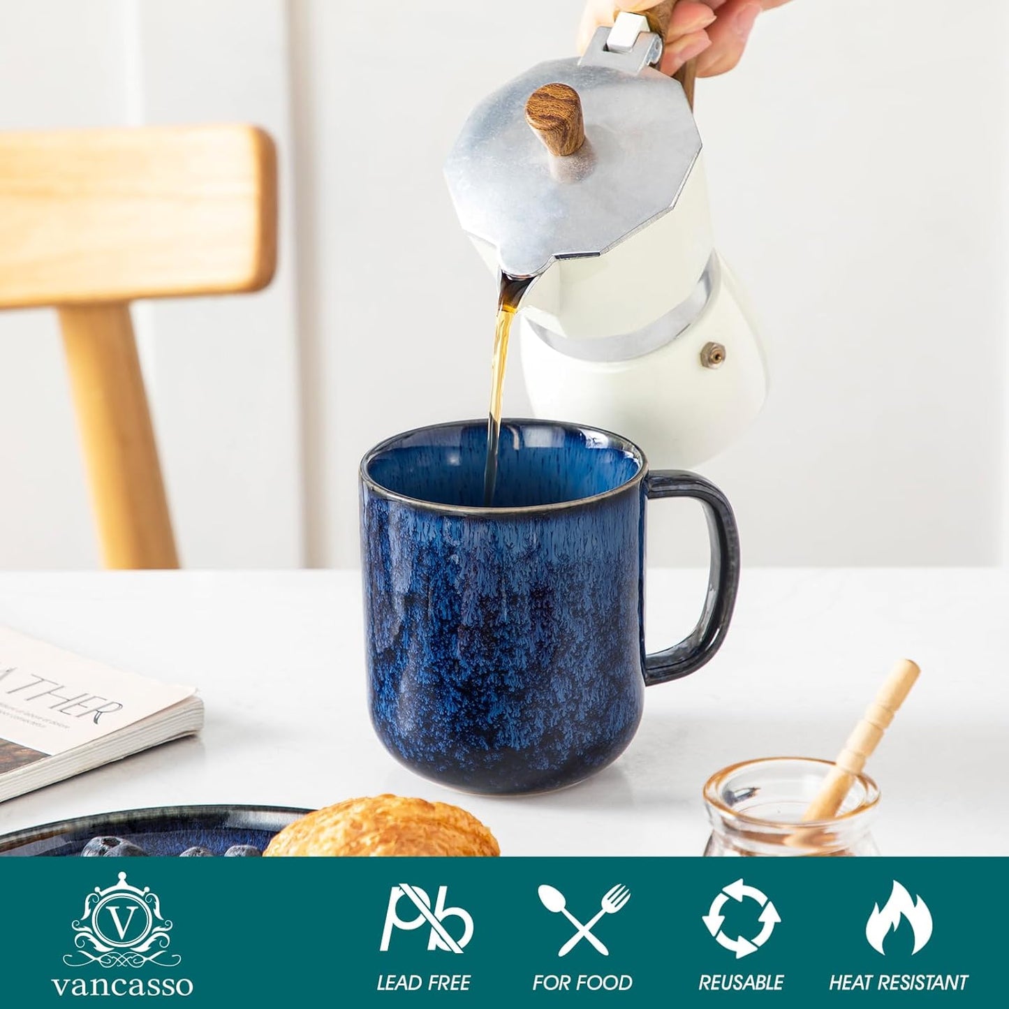 vancasso STARRY Coffee Mugs Set, 16 oz Ceramic Coffee Cups for Americano Hot Tea Iced Coffee Cold Brew Cocoa Milk Stoneware Mugs Set of 6, Dishwasher & Microwave Safe, Blue