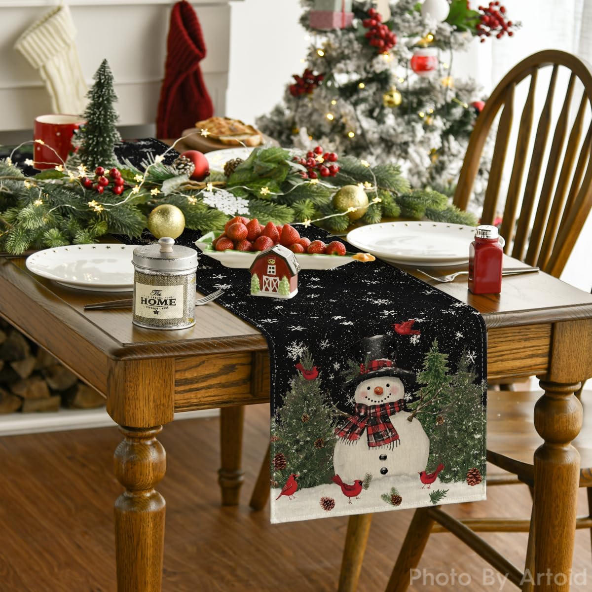 Artoid Mode Snowman Birds Trees Christmas Table Runner, Seasonal Black Winter Holiday Kitchen Dining Table Decoration for Home Party Decor 13 x 108 Inch