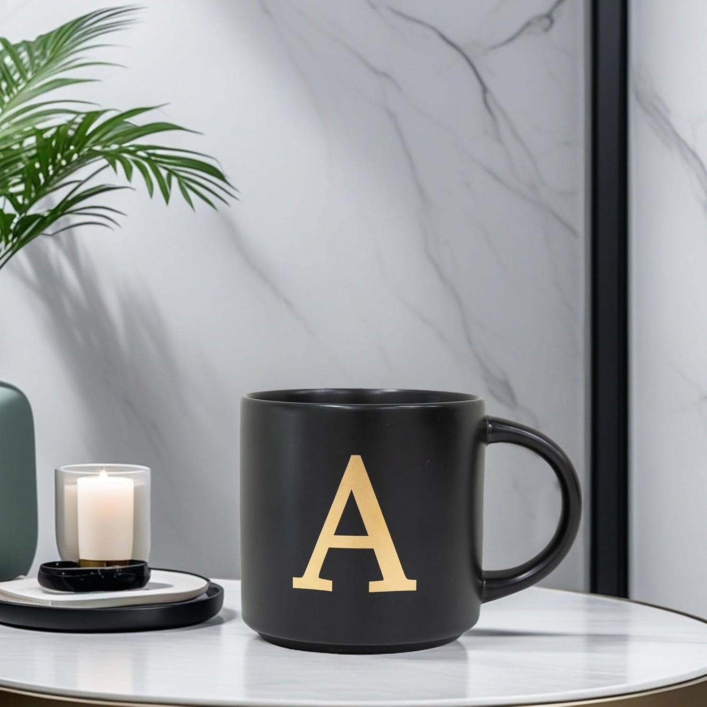 COLLECTIVE HOME - Monogram Ceramic Mugs, 15 oz Golden Initial Black Coffee Cups, Elegant Alphabet Tea Mugs, Elegant Personalized Mug with Gift Box, Unique Mug with Double Side Capital Lette (A-1)