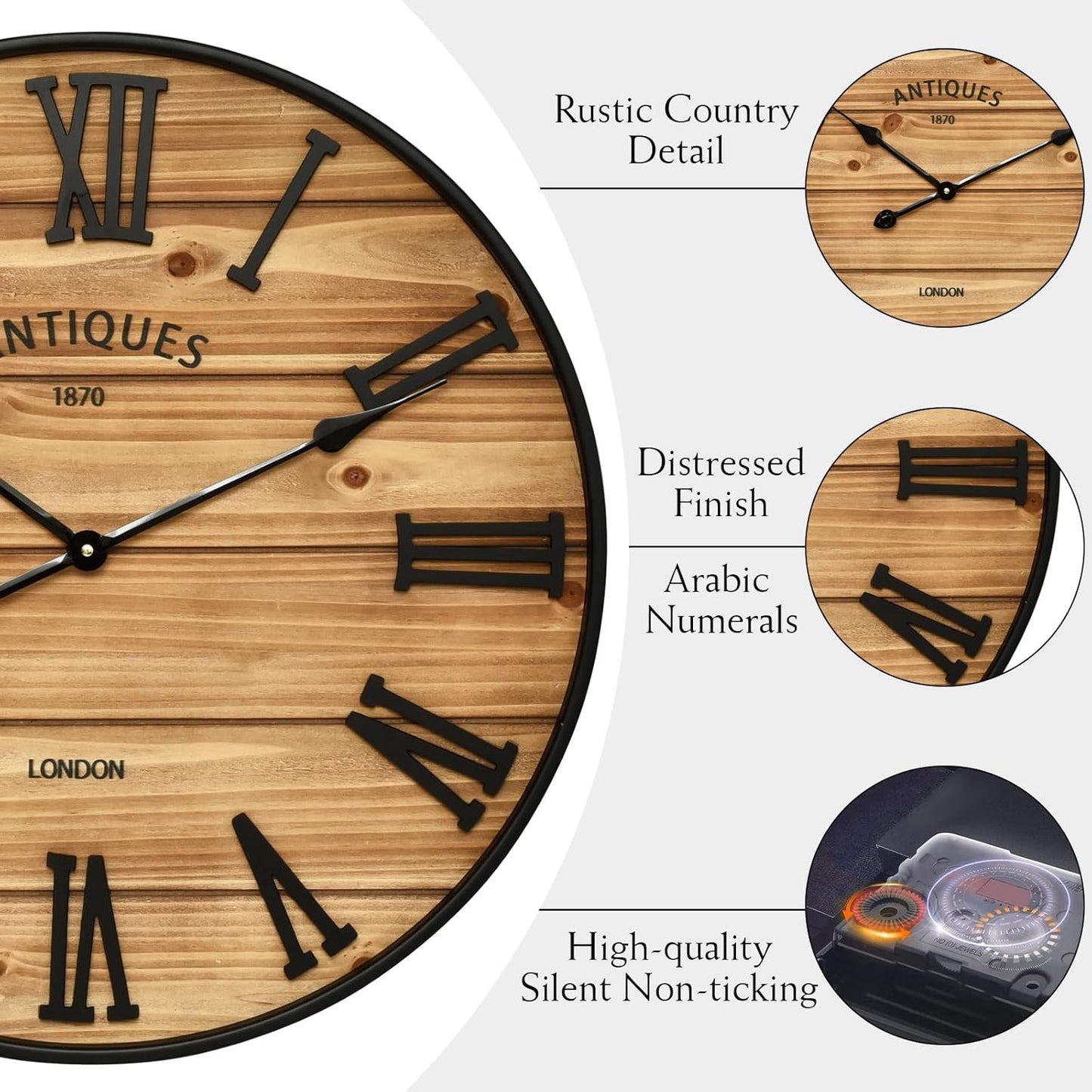 24 Inch Farmhouse Wall Clock - Antique Rustic Wood Finish, Silent Battery-Operated Timepiece with Stylish Decor for Home, Office, Kitchen, Bedroom & Living Room