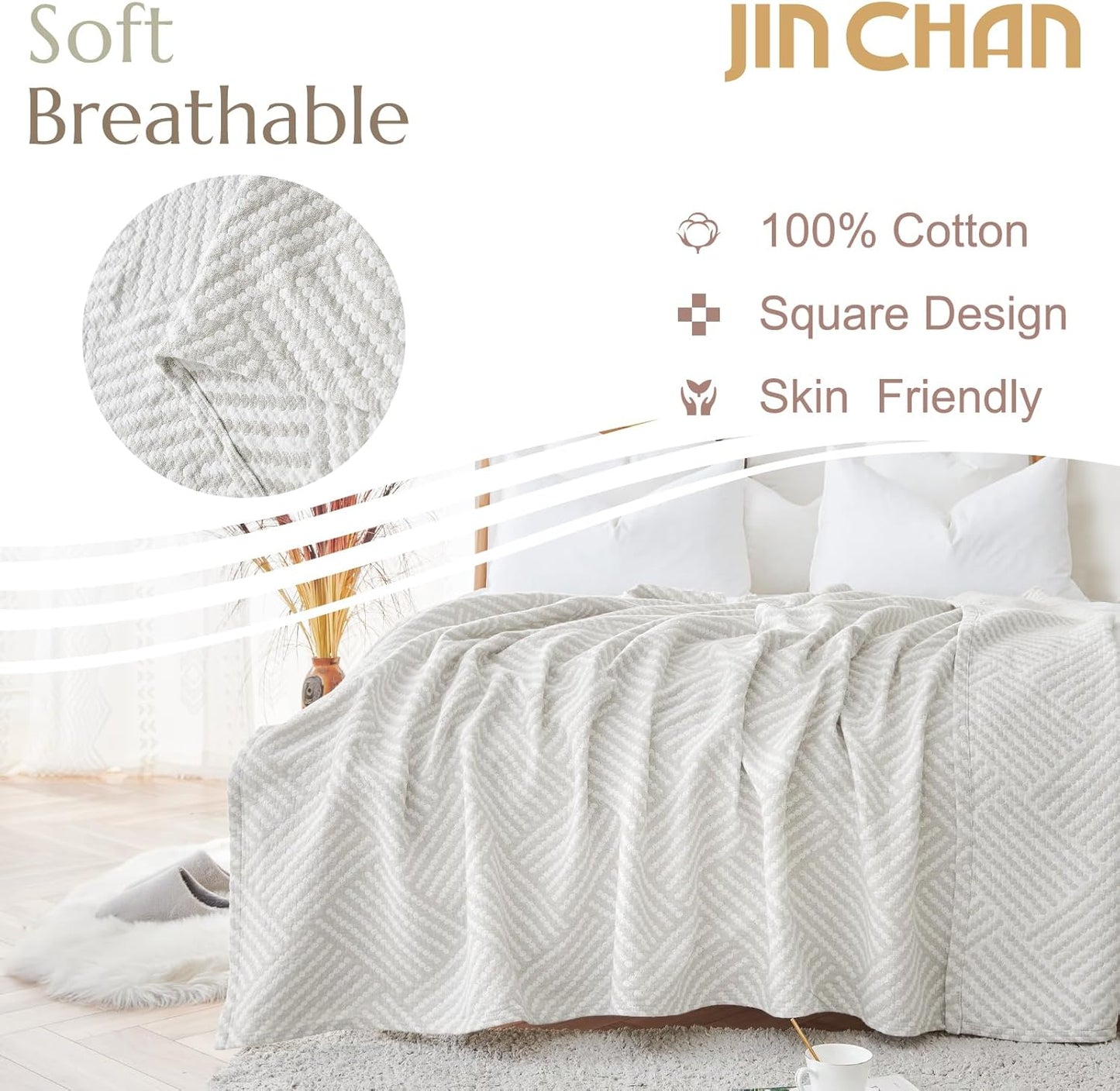 jinchan Boho 100% Cotton Blanket Muslin 50x60 Inches Lightweight 3-Layer Geometric Square Striped Pattern Reversible Quilt Throw Soft Breathable Comfy All Seasons for Couch Bed Decor, Light Grey