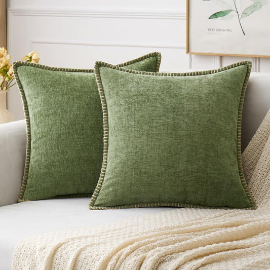 MIULEE Pack of 2 Couch Throw Pillow Covers 20x20 Inch Sage Green Farmhouse Decorative Pillow Covers with Stitched Edge Soft Chenille Solid Dyed Spring Pillow Covers for Sofa Bed Living Room