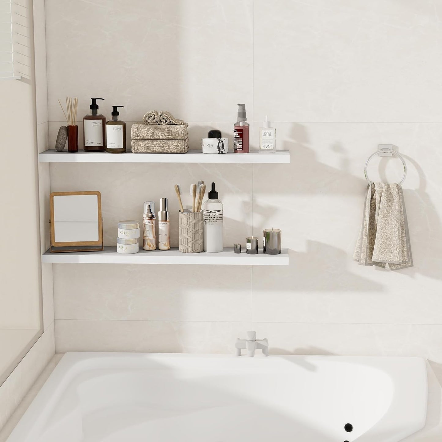 Fun Memories 36Inch Floating Shelves for Wall 2 Pack Wood Shelves for Kitchen, Bathroom, Bedroom Wall Mounted Rustic Wood Floating Shelf with Invisible Brackets for Books, Storage, Decor, White