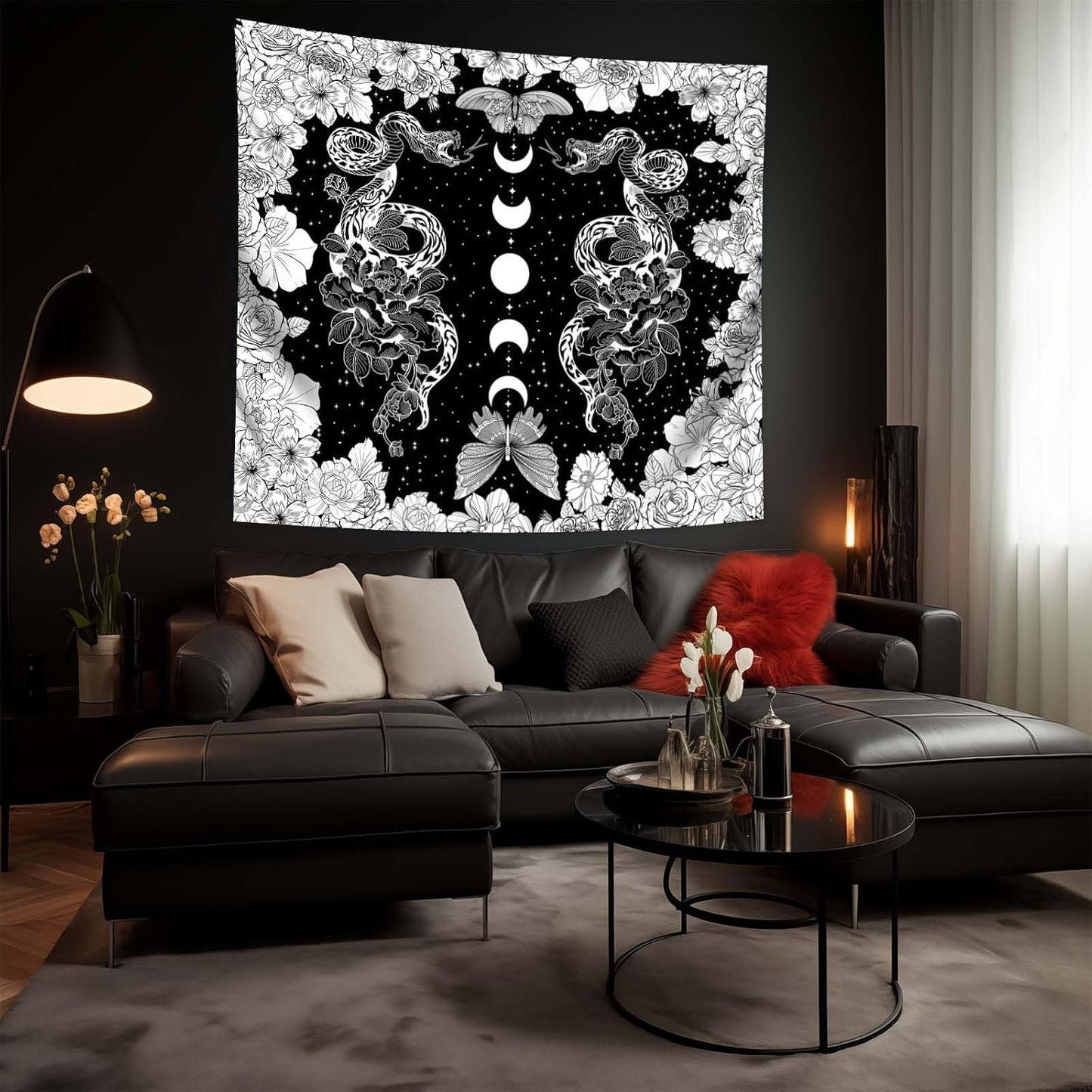 dueeia Moon Phase Witchy Tapestry Wall Hanging Snake Witch Occult Black and White Dark Tapestries for Bedroom Aesthetic Living Room Wall Decor (90.6"x70.9")