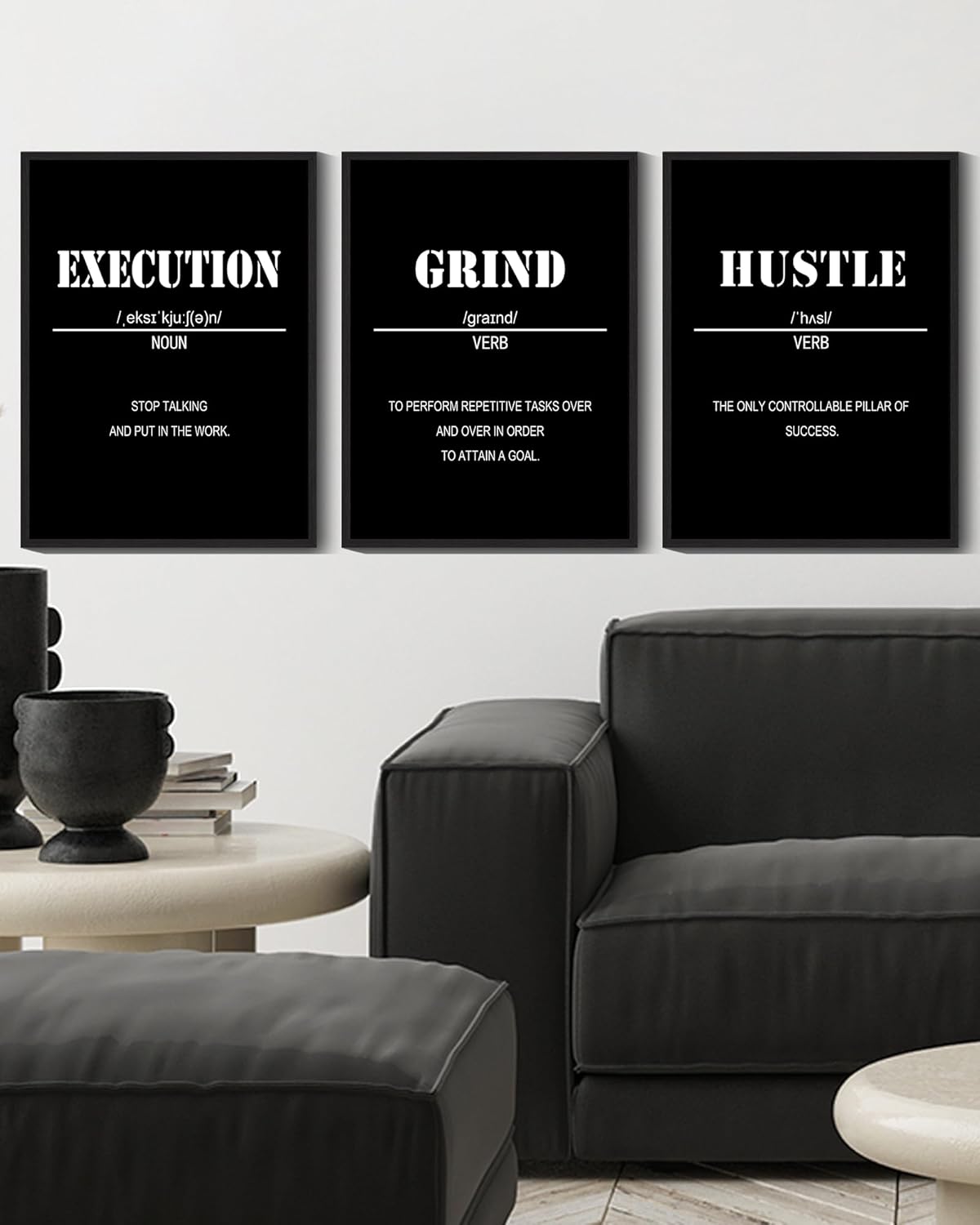 Drsoum Inspirational Office Framed Wall Art Motivational Grind Hustle Success Canvas Wall Decor Encouraging Quotes Sayings Paintings 3 Pieces Artwork Home Bedroom Easy to Hang 12x16in (Black Framed)