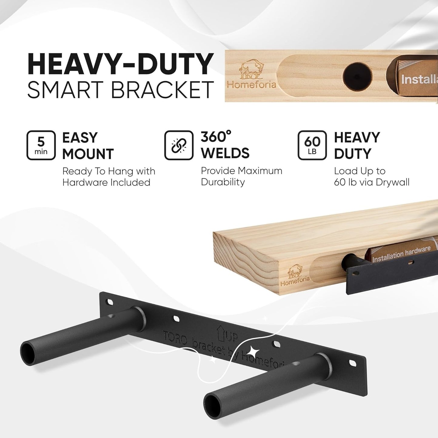 Homeforia Black Floating Shelf 18 inch, High End Solid Real Wood 18inch Bathroom Floating Shelves for Wall Mounted, Black Wooden 18in Floating Shelves, Heavy Duty Bracket, 18 X 6.5 X 1.75 in, Set of 2