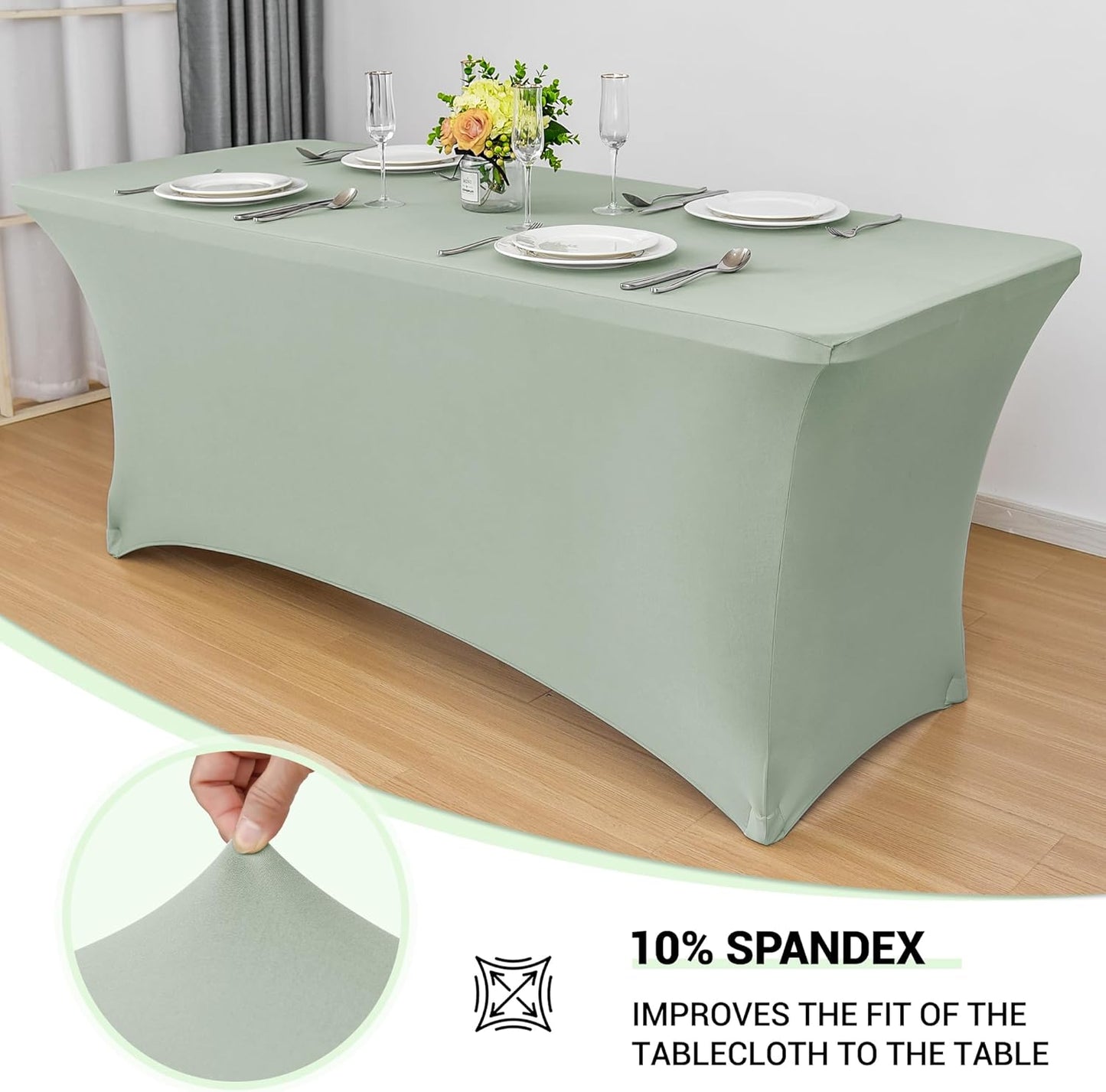 Obstal 2PC Sage Green Tablecloth - 6ft Rectangle Spandex Table Cover for Party, Events, Banquets & Weddings, Machine Washble
