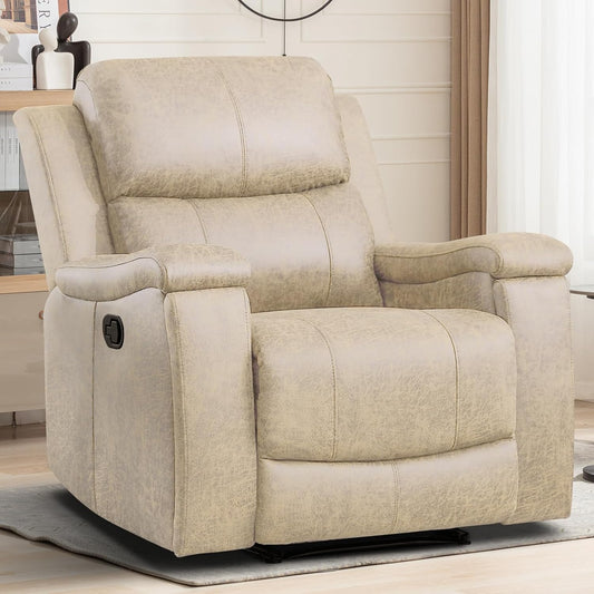 EBELLO Recliner Chair, Single Overstuffed Sofa Recliner, Breathable Faux Leather Manual Reclining Chairs with Hidden Cup Holder, Arm and Back for Adults, Living Room, Bedroom, Beige