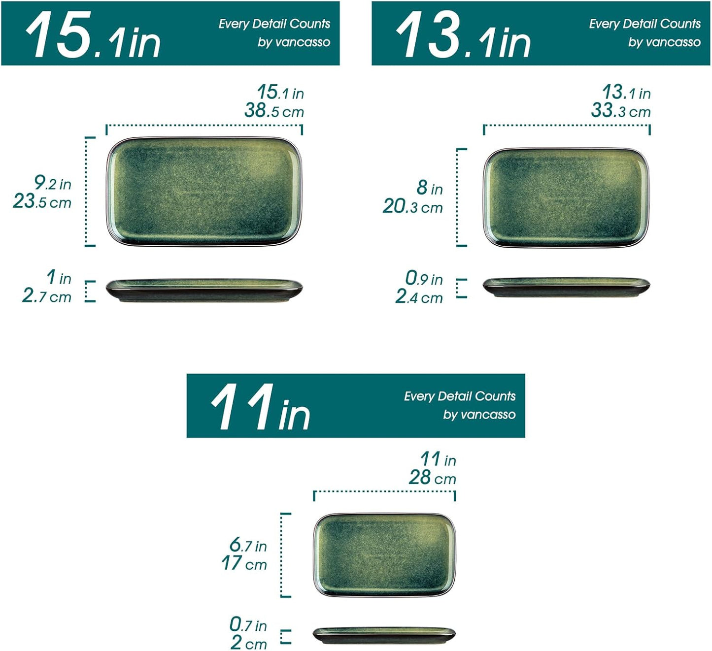 vancasso Stern Serving Platters Set of 3, 15/13/ 11 Inches Rectangular Serving Plates, Green Serving Trays for Entertaining, Party