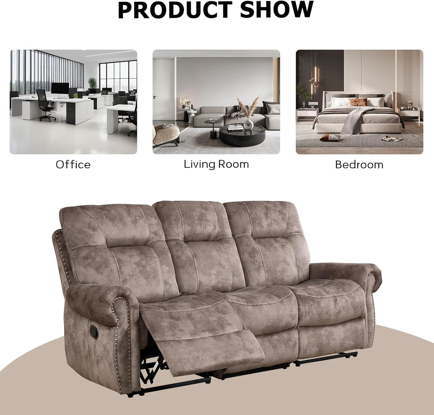 EBELLO Manual Recliner 3 Seat Sofa Couch, Soft Fabric 3 Seater Reclining Couch Chair, Vintage Rivet Mid-Century Design Furniture for Living Room, Meeting Room, Brown