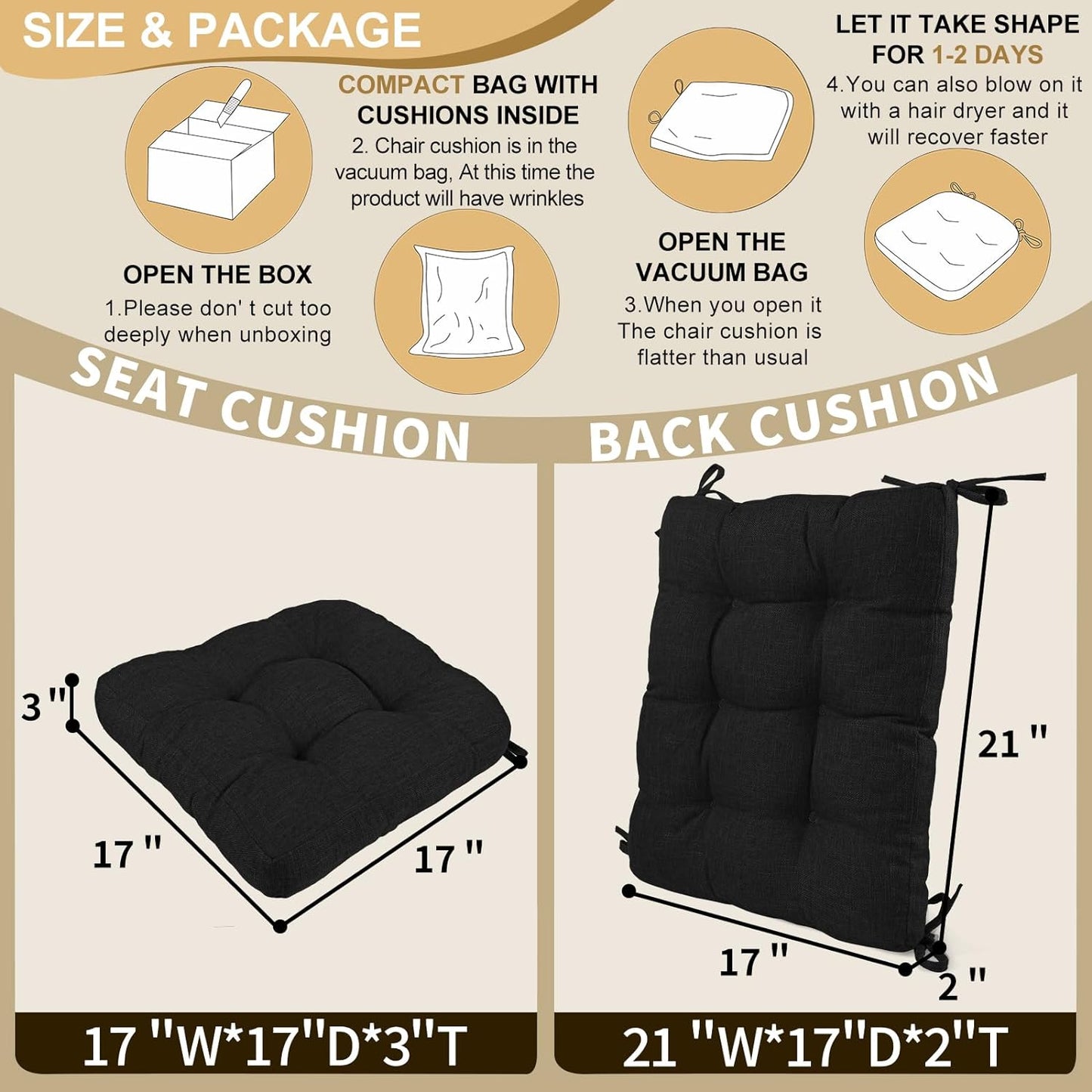 BUYUE Chair Cushion Set for Rocking Chair, Back Pillow & Seat Cushion with Ties, Original Woven Fabric Non-Slip Chair Pads for Elderly Sitting, Black