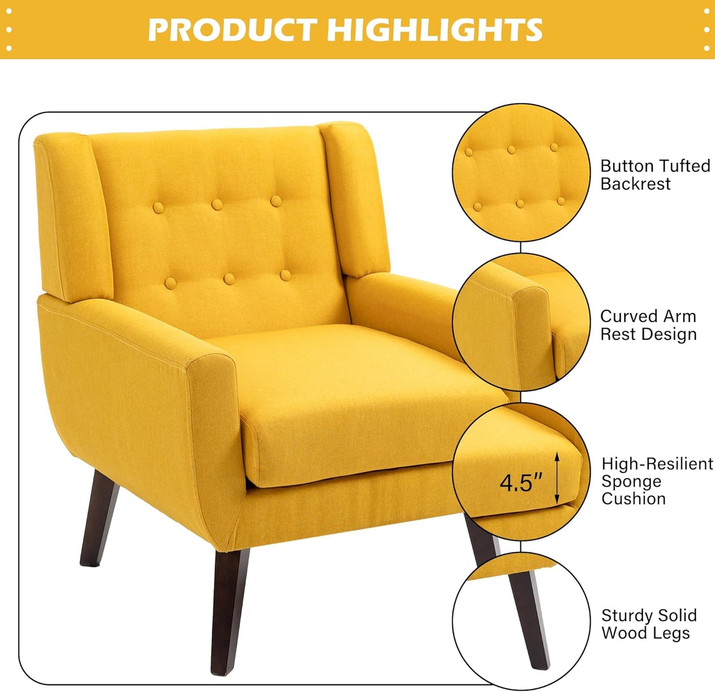 UIXE Accent Chair, Modern Upholstered Armchair in Fabric for Living Room, Comfy Club Arm Chairs Single Sofa Button Tufted Bedroom Reading Seat - Yellow, Set of 1