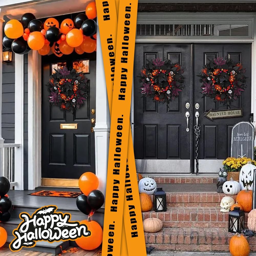 24" Glitter Halloween Wreath Outdoor - Sparkly Balls, Skulls, Bat, Skeleton, Pumpkin on Black Twig | Front Door Outside Goth Decor for Spooky Night