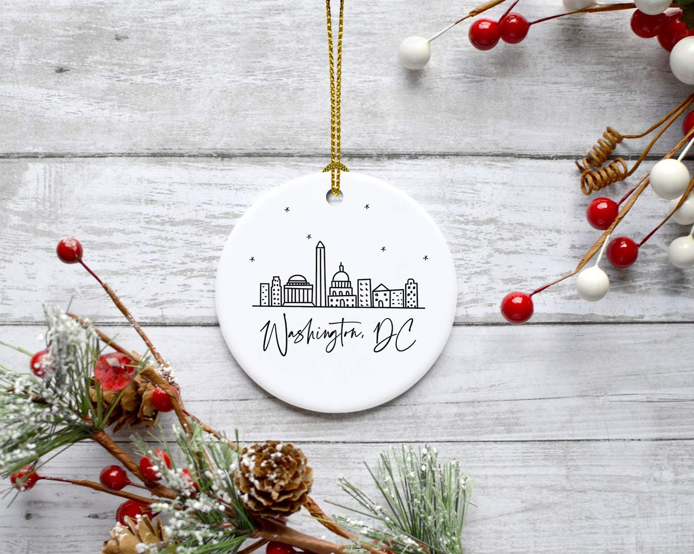 Andaz Press Round Ceramic Porcelain Christmas Tree Ornament, Washington, DC, Black and White Stars City Skyline, 1-Pack, Birthday Family Coworker, Includes Gift Box Washington DC Christmas Ornament
