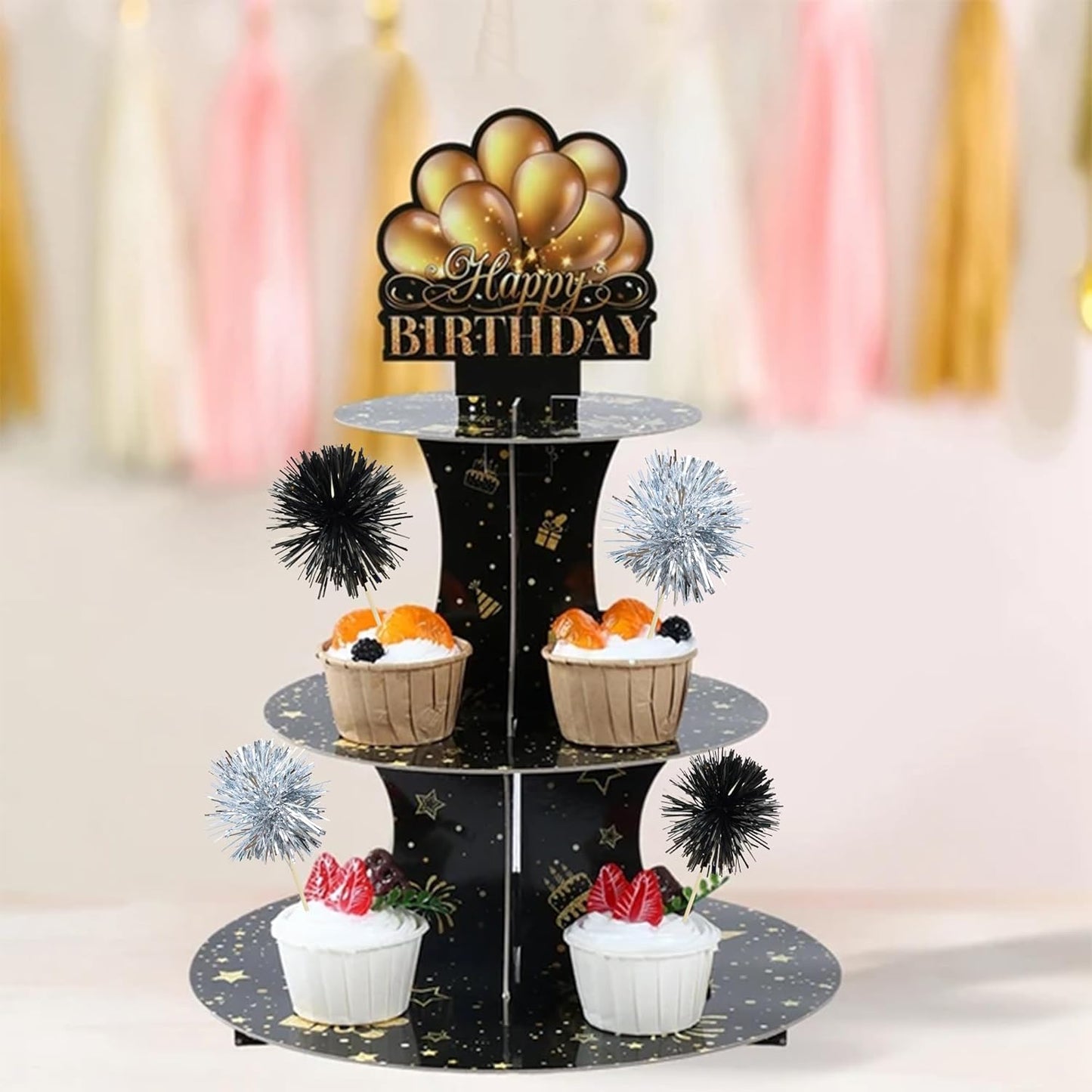 Ephlyn 30Pcs Foil Firework Cupcake Toppers Sparkles Fireworks Sticks Birthday Decorations Sparkle Tinsel Cocktail Fruit Toothpick for Birthday Wedding Graduation Party Cake Decorations Black Silver