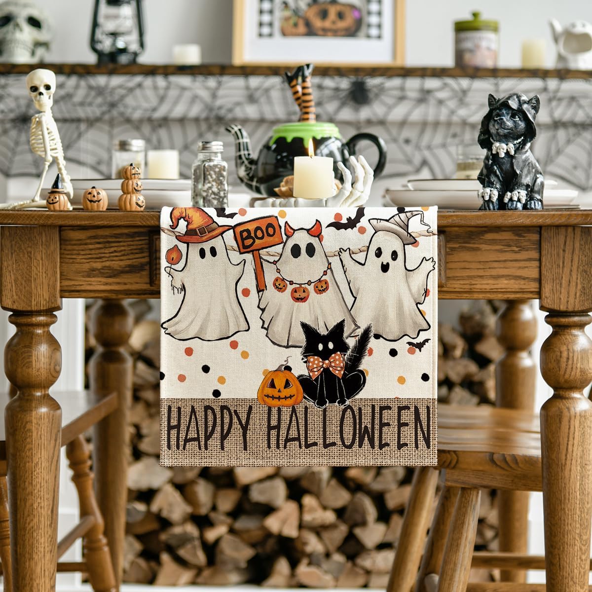 Artoid Mode Beige Ghost Jack-O'-Lantern Black Cat Halloween Table Runner,Holiday Kitchen Dining Table Decoration for Home Party Decor 13 x 48 Inch