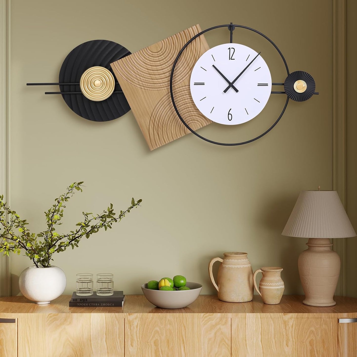 37.7X21Inch Large Modern Wall Clock Geometric Dial-Solid Wood Metal Frame Silent Non Ticking Wall Clocks for Living Room, Bedroom Decoration, Contemporary Home Wall Decor Gift Idea