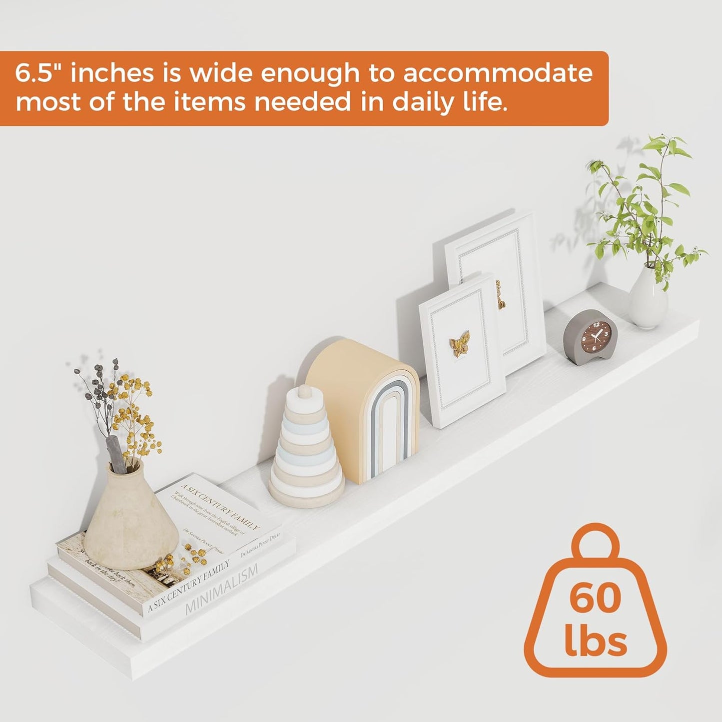 Floating Shelves for Wall, 40 Inch Floating Shelves for Home Decor, Wall Mounted Rustic Wood Shelves, Bathroom, Hanging Deep Shelf for Bedroom, Living Room, Kitchen (White, Set of 2)