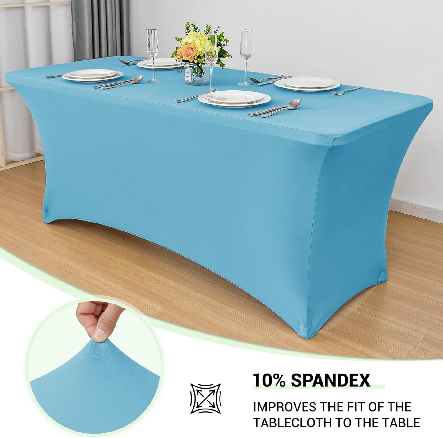 Obstal 6ft Stretch Spandex Table Cover for Standard Folding Tables - Universal Rectangular Fitted Tablecloth Protector for Wedding, Banquet and Party, 72L x 30W x 30H Inches, Light Blue, 2pc