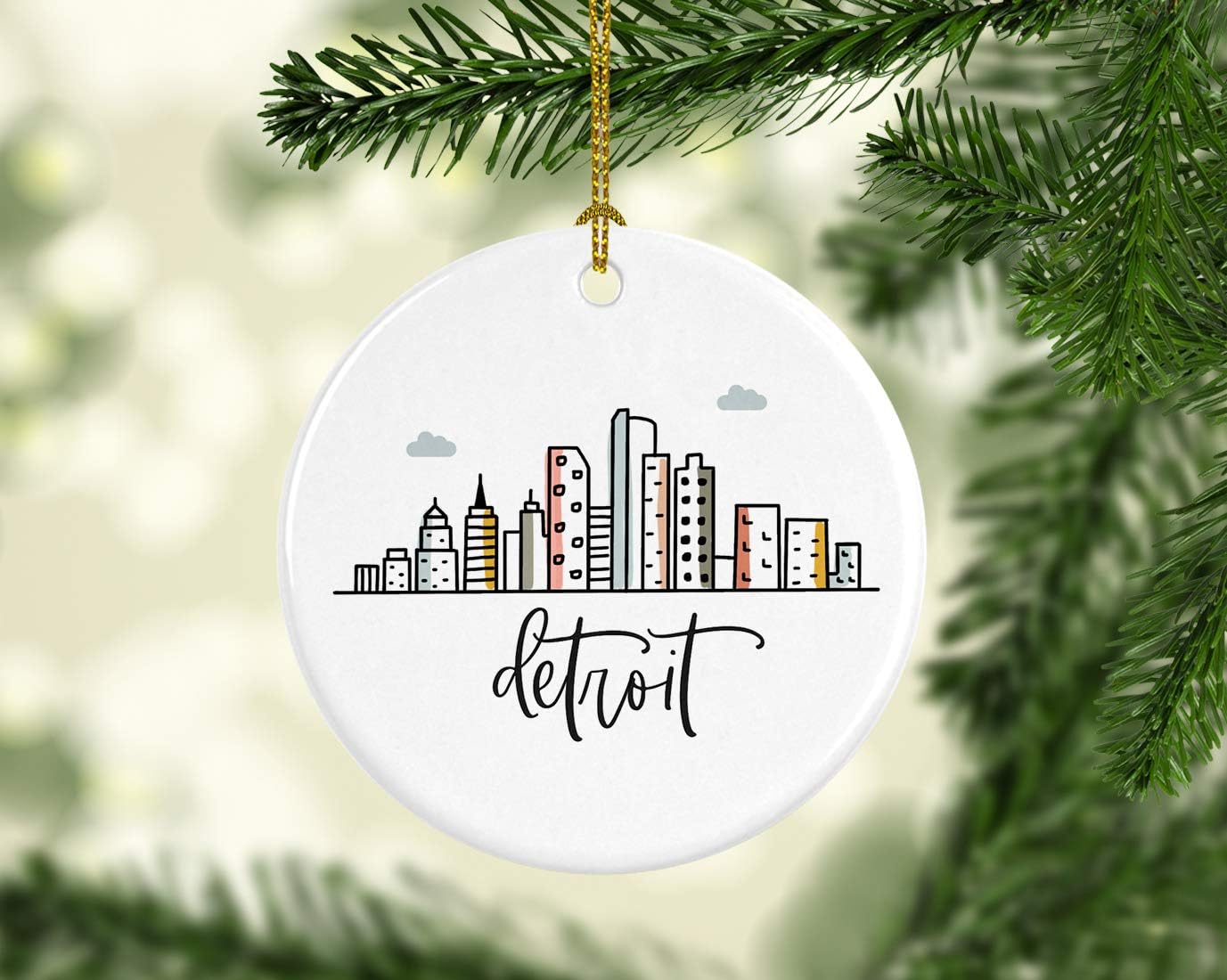 Andaz Press Round Ceramic Porcelain Christmas Tree Ornament Keepsake, Detroit Colorful City Skyline Graphic, 1-Pack, Birthday Gift Ideas Family Coworker Him Her, Includes Gift Box