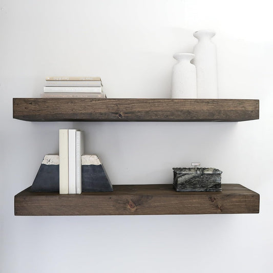 Modern Floating Shelves 3 Inches Thick for Wall, Wide Shelves for Kitchen, Living Room, Bedroom, and Bathroom, Natural Pine Wood, Rustic Wooden Shelf, (Set of 2) (Jacobean, 60Lx3Hx8D)