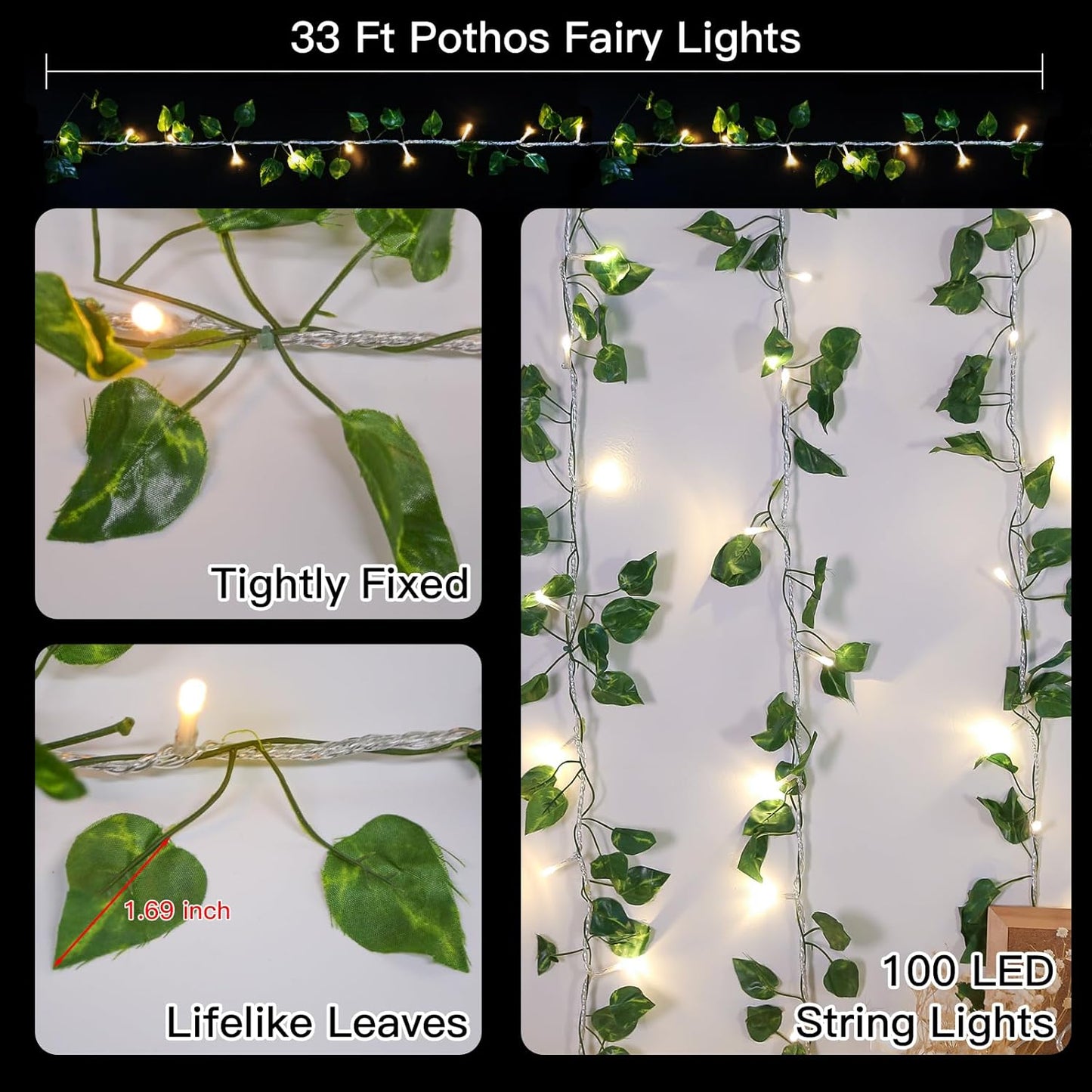 suddus Vine with Fairy Light Plug in, 33ft 100 LED Pothos String Lights Connectable with Remote, Leaf Lights for Bedroom, Room, Wall, Garden, Party, Wedding Decor (Warm White)