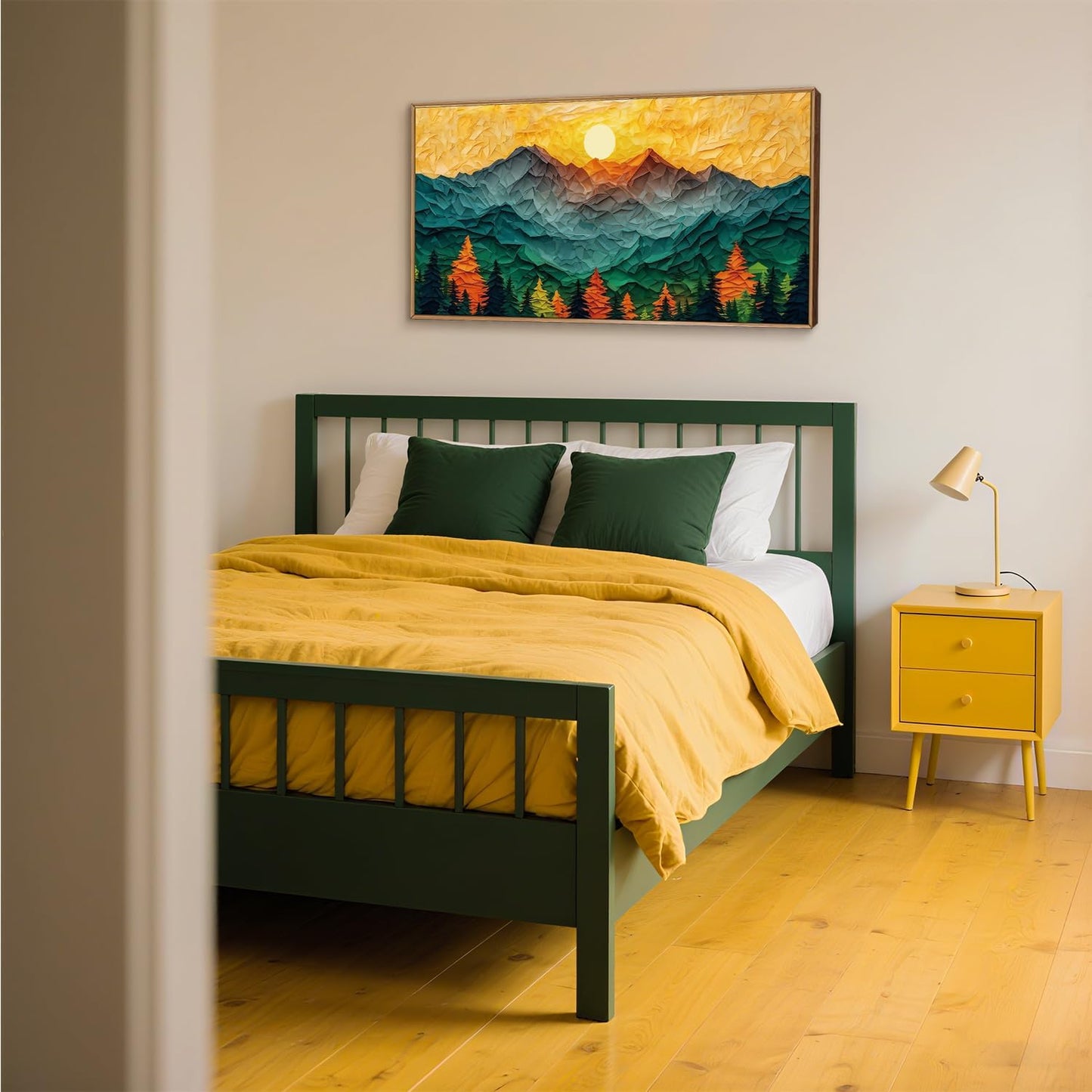 Abstract Sun Mountain Framed Canvas Wall Art Set, Forest Pine Tree Golden Sunset Wall Decor, Mixed Patchwork Landscape Art Print for Living Room, Bedroom, Dining Room, Office - 20"x40"