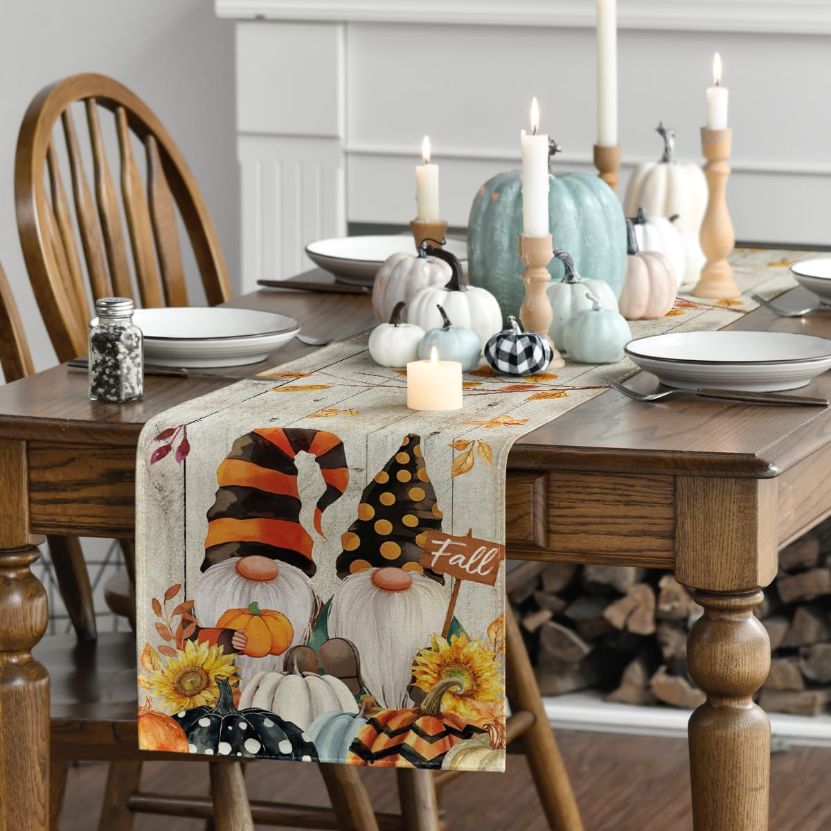 Artoid Mode Wood Gnomes Pumpkins Sunflower Maple Leaves Fall Table Runner, Kitchen Dining Table Decoration for Home Party Decor 13 x 108 Inch