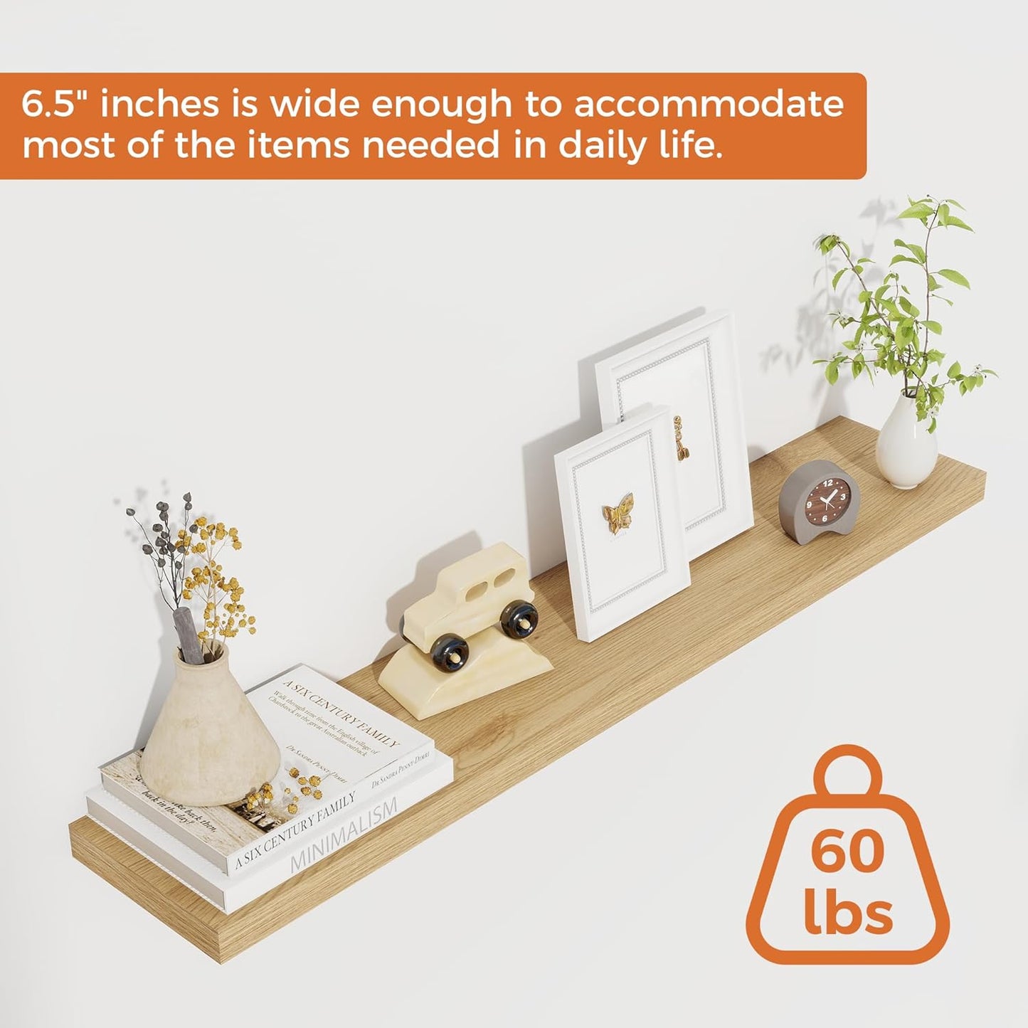 Fun Memories Floating Shelves for Wall, 36" Rustic Wood Deep Wall Mounted Shelves with Invisible Brackets for Decor & Storage, Floating Shelf for Living Room, Bathroom (Oak, Set of 2)