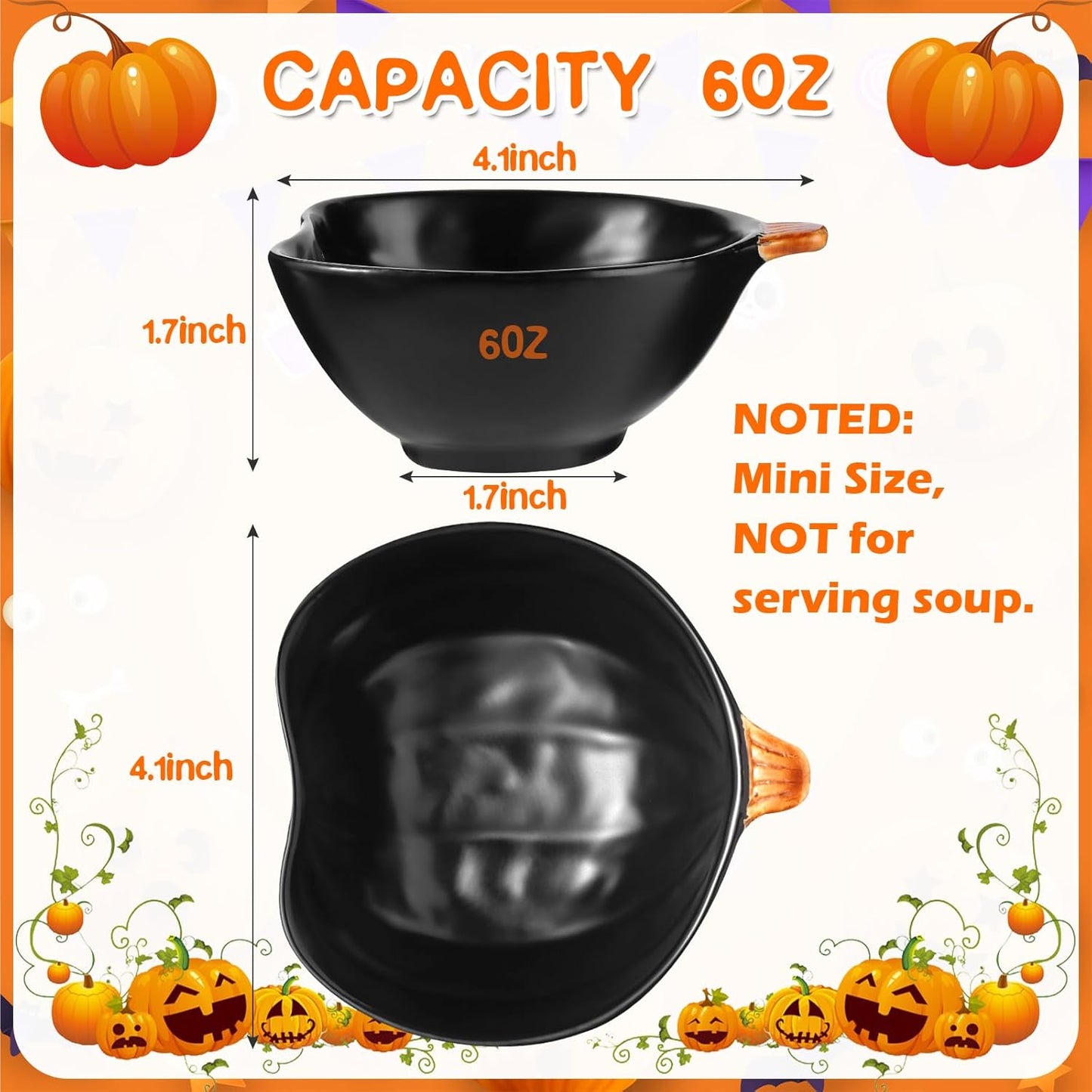 Kolewo4ever 12 Pieces Fall Ceramic Pumpkin Bowl 6 Ounces Ramekins Small Pumpkin Shaped Bowls Orange Dinnerware Decoration for Fall Halloween Serving Dip, Sauce, Condiments,Snack (Black)