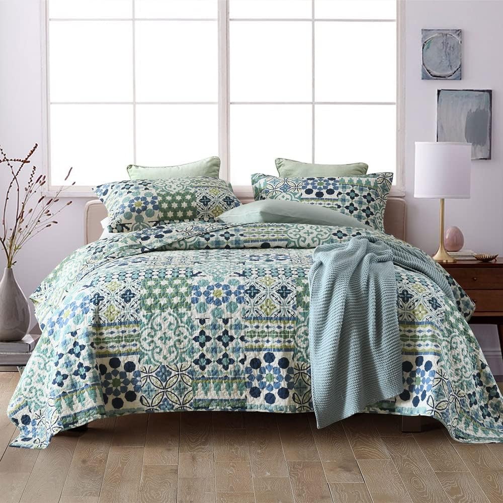 Cotton Bedspread Quilt Sets Reversible Coverlet Sets Comforters Vintage Bohemian Patchwork Bedspread (Green, Queen Size)