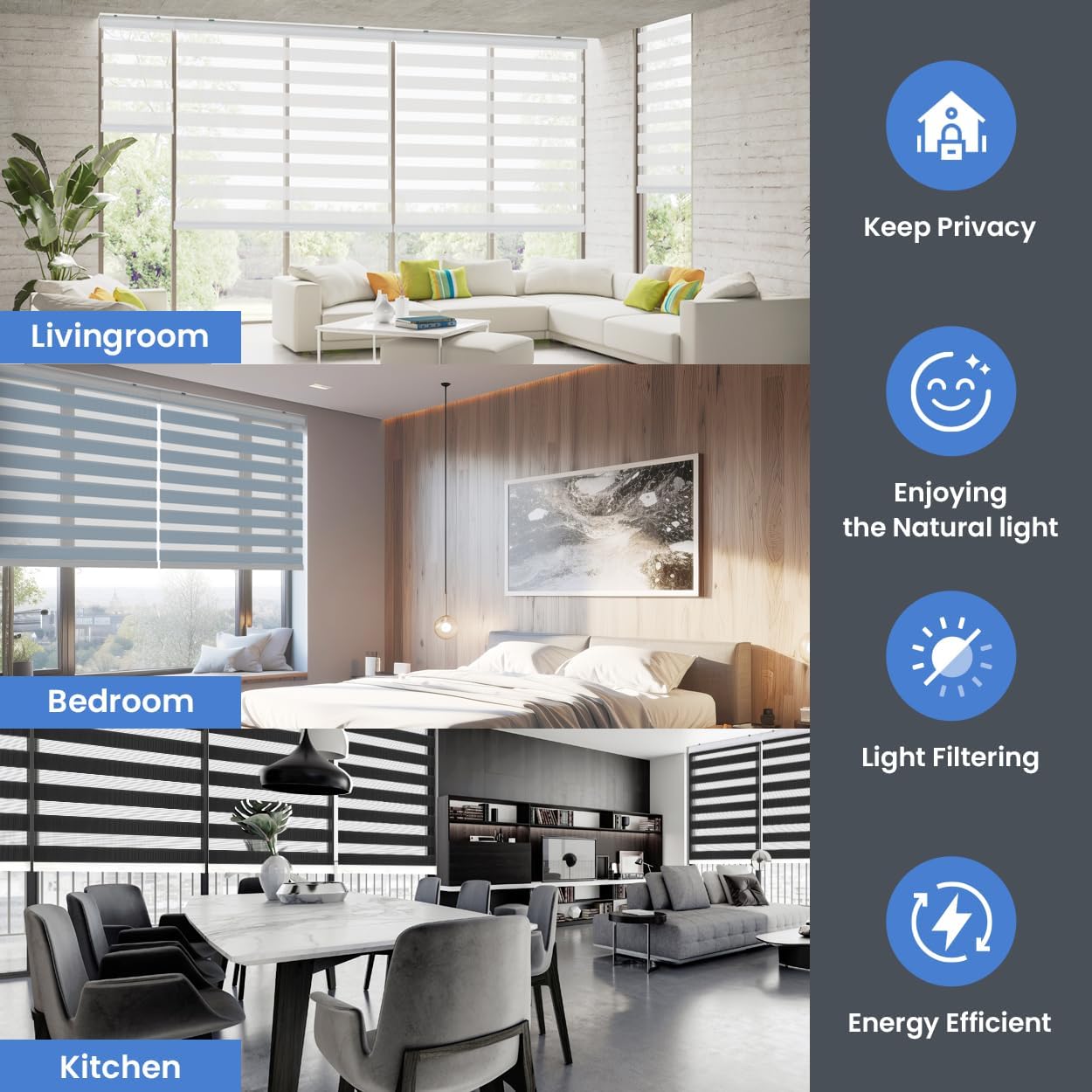 Foiresoft Standard Zebra Roller Blinds for Windows [W41 x H64 Inch, White, Basic], Light Filtering Dual Layer Shades for Bedroom, Living Room, Office, 13 Colors