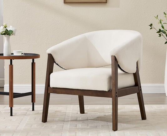 Mid-Century Modern Accent Chair, Comfy Barrel Armchair with Wide Seat, Upholstered Lounge Chair with Walnut Wood Legs for Living Room/Bedroom/Reading Corner, Chenille, Beige, 1PC