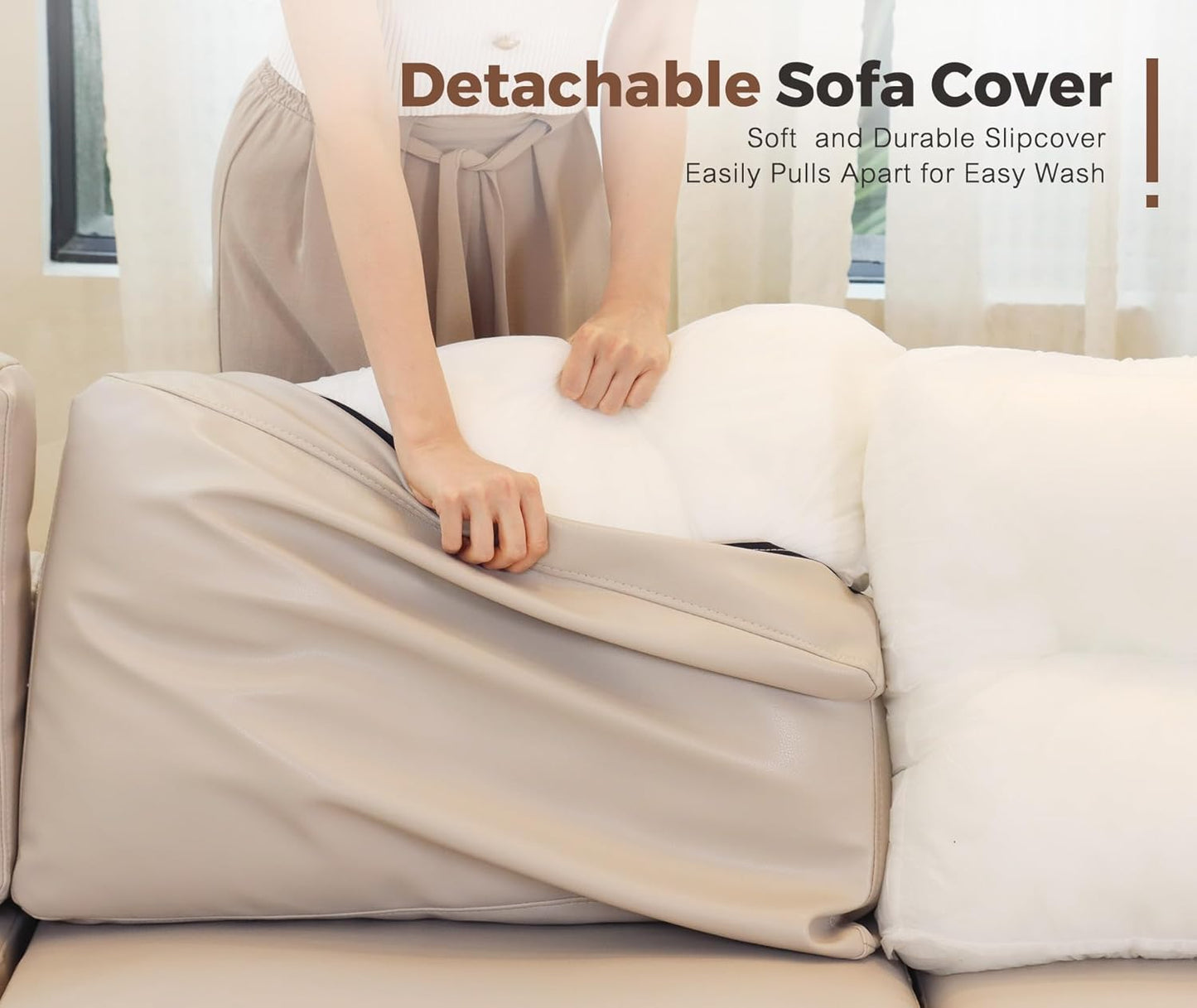 118.5" Luxury Modular Sleeper Sofa Bed with Storage Seat, 8 Seat Sectional Couch Deep Seat with Reversible Chaises & Removable Cover - Whitesand Faux Leather