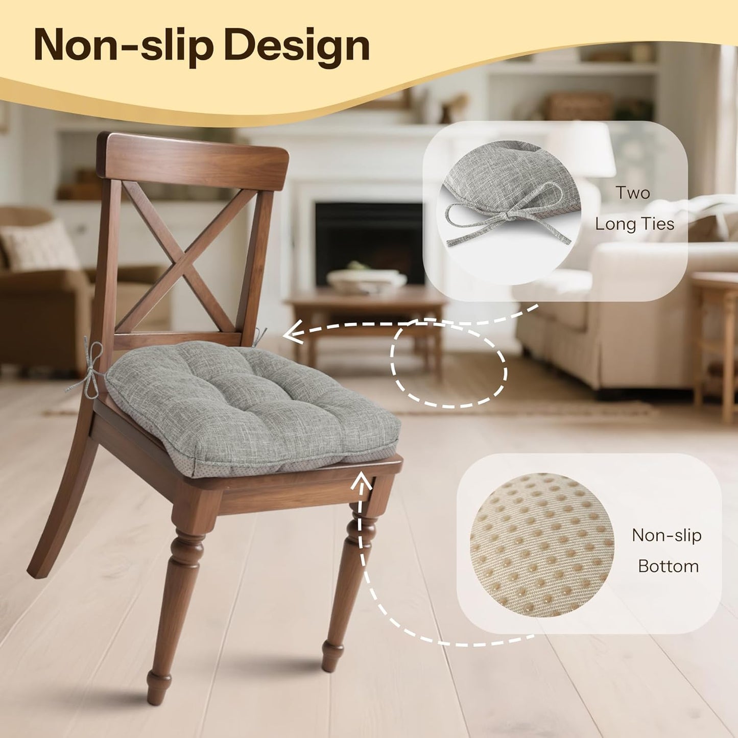 Non Slip Chair Cushions for Dining Chairs Set of 4 Kitchen Chair Cushions 18"x18"x3" Turfted Chair Pads Comfortable and Soft Seat Cushion with Ties, Light Grey
