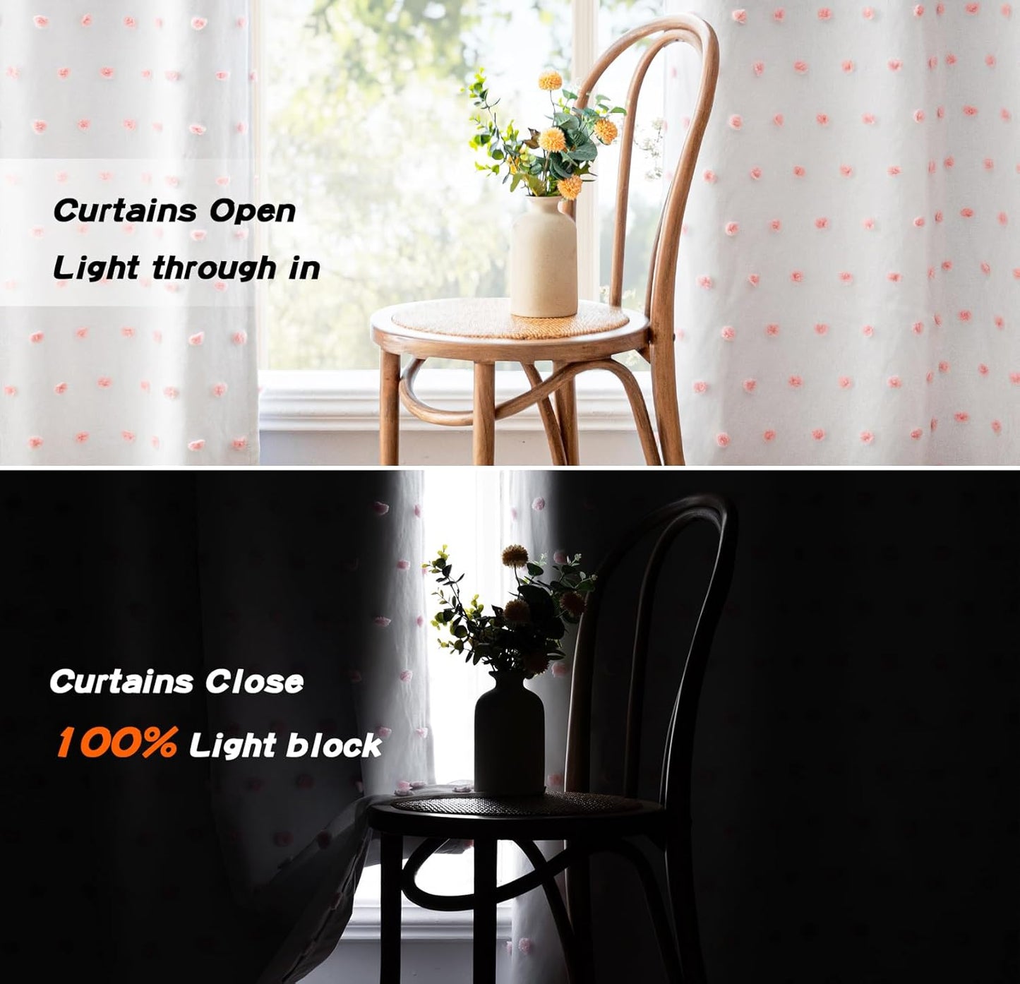 MYSKY HOME 100% Blackout Curtains for Girls Bedroom 84 Inch Long Total Light Blocking Curtains for Living Room 2 Panels Room Darkening Grommet Window Drapes with Pink Pom Pom Sheer 52W x 84L