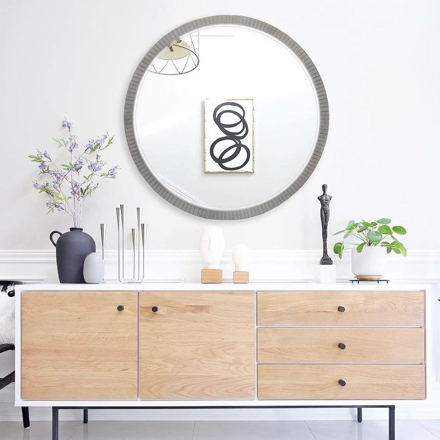 35" Round Wood Mirror, Rustic Circle Wall Mirror with Beveled, Wooden Round Mirror for Wall Decor, Decorative Wall-Mounted Mirror for Entryway, Living Room, Washed Gray Frame