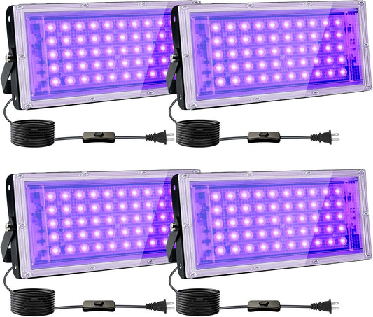 4 Pack 50W Black Lights, Blacklight Flood Light with Plug and Switch,for Glow Party, Halloween, Fluorescent Poster, Body Paint
