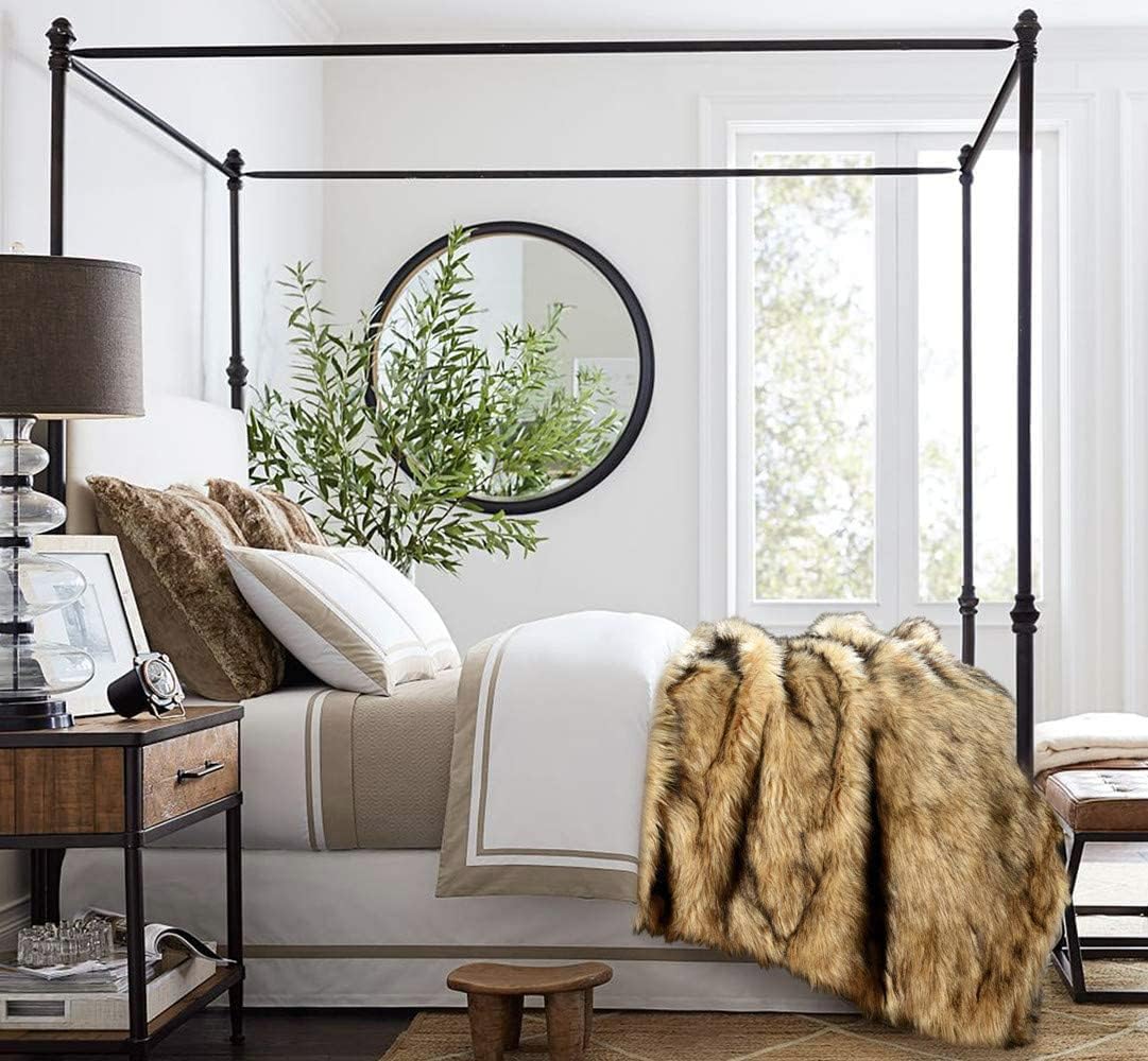 Luxury Plush Faux Fur Throw Blanket, Long Pile Golden Yellow with Black Tipped Blanket, Super Warm, Fuzzy, Elegant, Fluffy Decoration Blanket Scarf for Sofa, Armchair, Couch and Bed, 50''x 60''