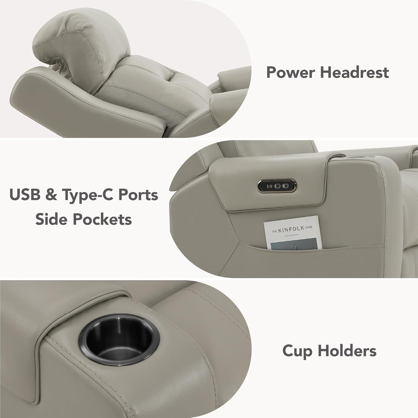Watson & Whitely Genuine Leather Power Recliner Chairs for Adults, Lay Flat Recliner with Power Headrest, USB Ports and Cup Holders, Electric Reclining Sofa for Living Room, Bedroom, Grey