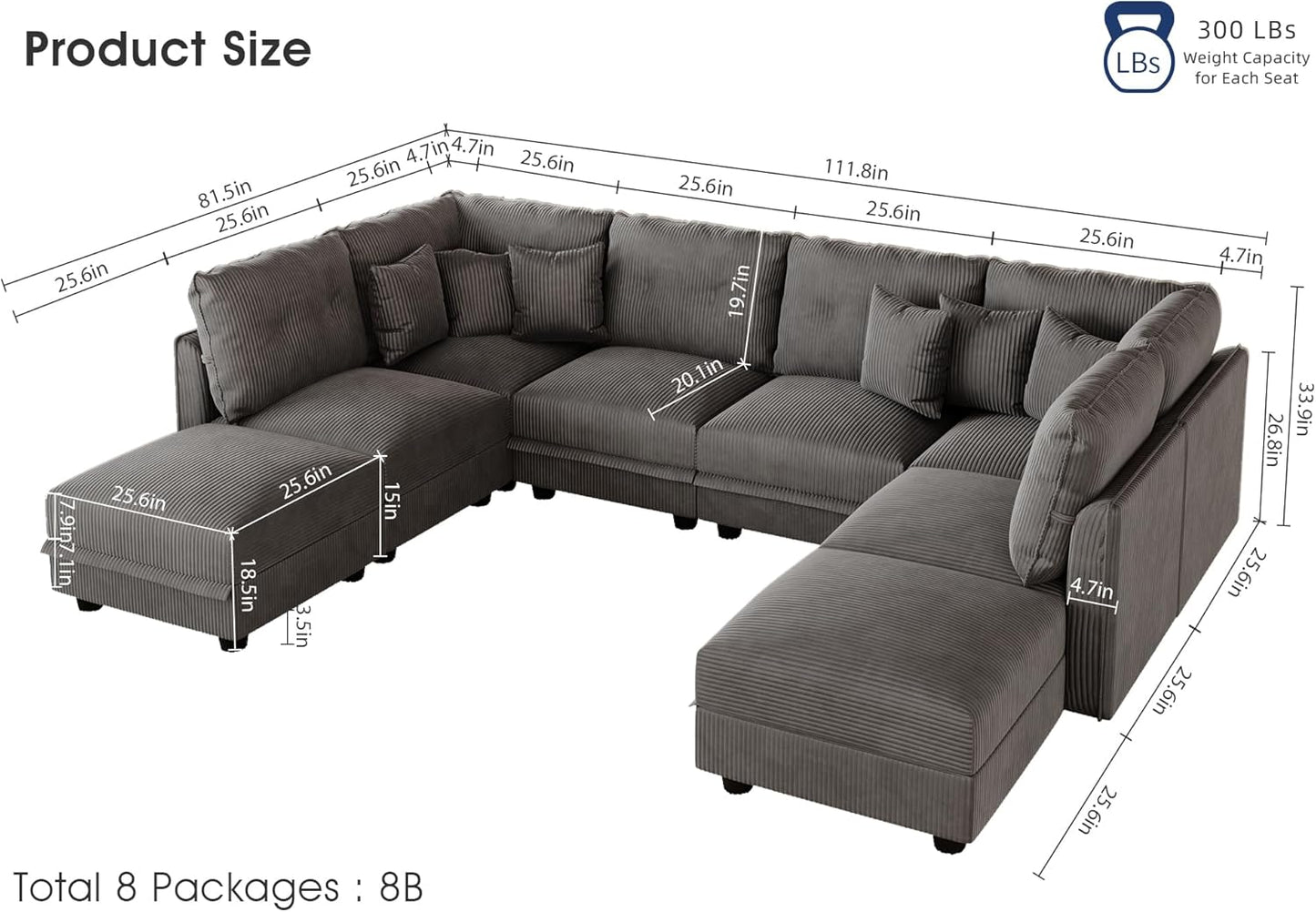 LLappuil Modular Sectional Sofa with Storage Seats, Corduroy Convertible Modular U Shaped Sectional Couch for Living Room, 8 Seat Oversized Sofa with 8 Back Cushion 8 Throw Pillow, Grey