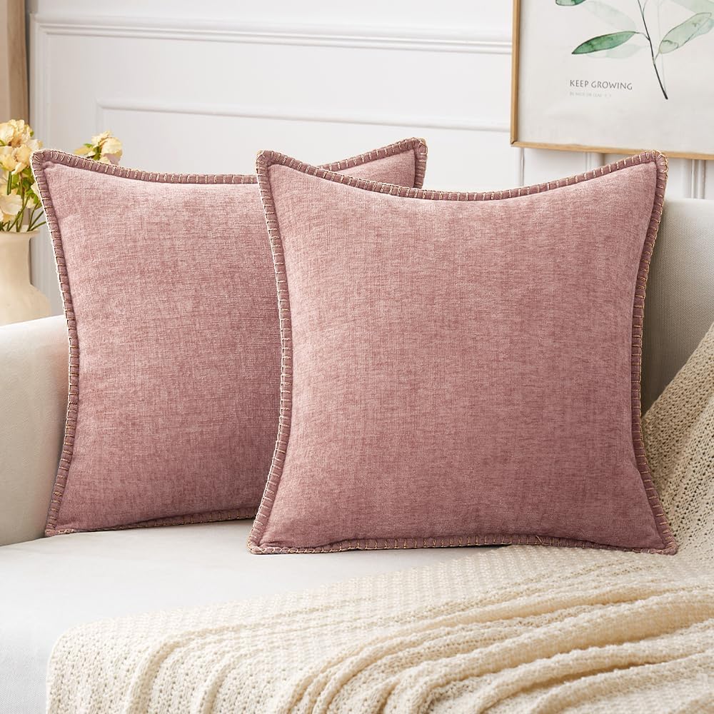 MIULEE Pack of 2 Couch Throw Pillow Covers 16x16 Inch Blush Pink Farmhouse Decorative Pillow Covers with Stitched Edge Soft Chenille Solid Dyed Spring Pillow Covers for Sofa Bed Living Room