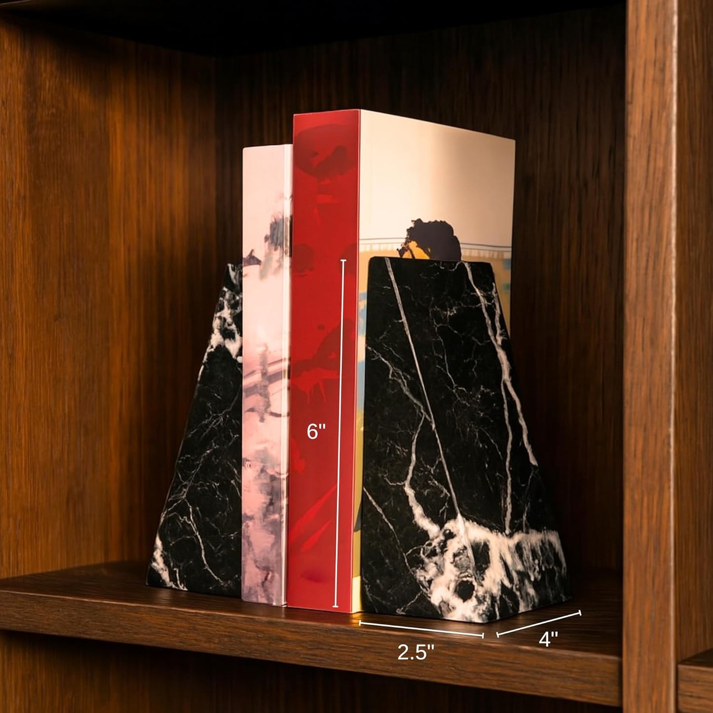 Bey-Berk Black Zebra Marble Bookends, Black ? 7.25" Tall, White Veins, Heavy-Duty Triangular Stone Book Stopper