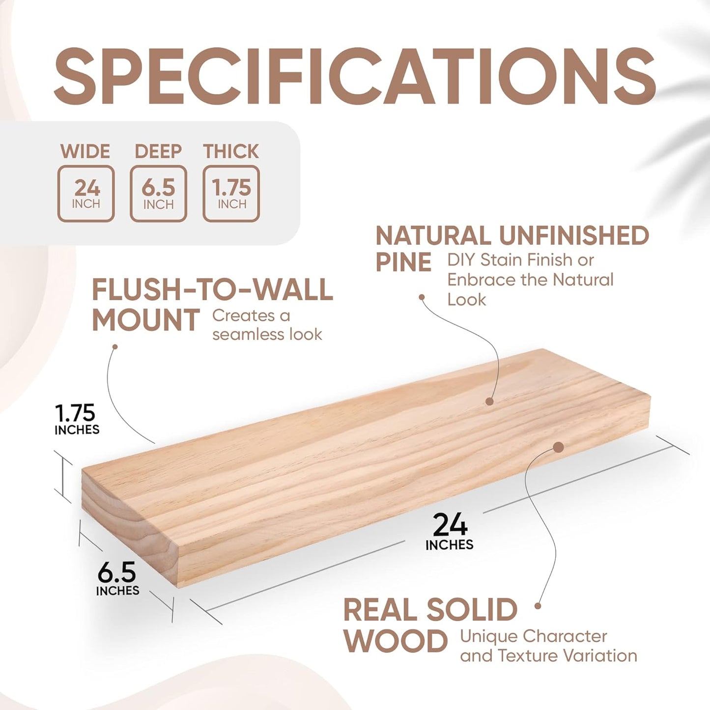 Homeforia 24 inch Wood Floating Shelves, High End Solid Natural Wood 24inch Floating Shelf for Wall, Unfinished Wooden 24 inches Floating Shelves, Heavy Duty Bracket, 24 X 6.5 X 1.75 in, Set of 4