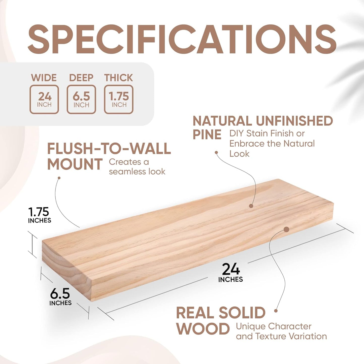 Homeforia 24 inch Wood Floating Shelves, High End Solid Natural Wood 24inch Floating Shelf for Wall, Unfinished Wooden 24 inches Floating Shelves, Heavy Duty Bracket, 24 X 6.5 X 1.75 in, Set of 3